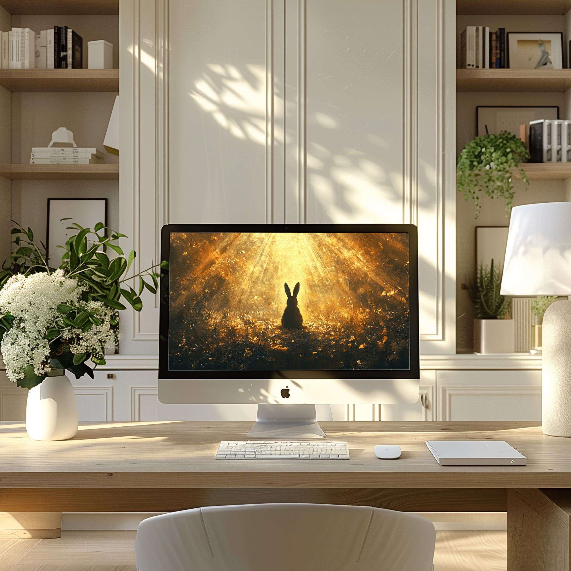Elegant golden nature motif wallpaper for computer on a PC in modern home office, inspiring calm beauty, fits laptop download