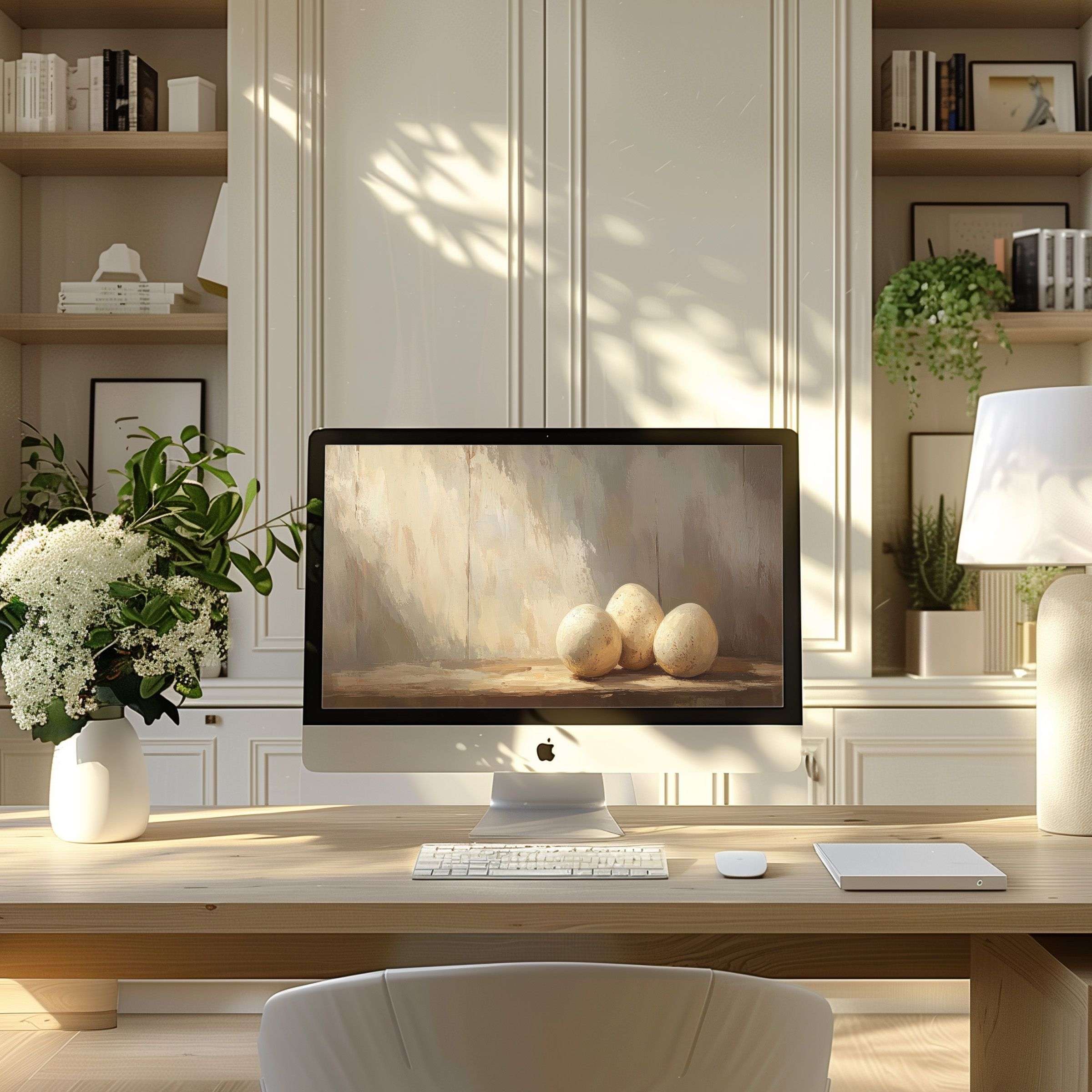 Elegant eggshell painting for PC wallpaper, perfect for laptop, ultrawide screens; inspires calm in modern home office settings