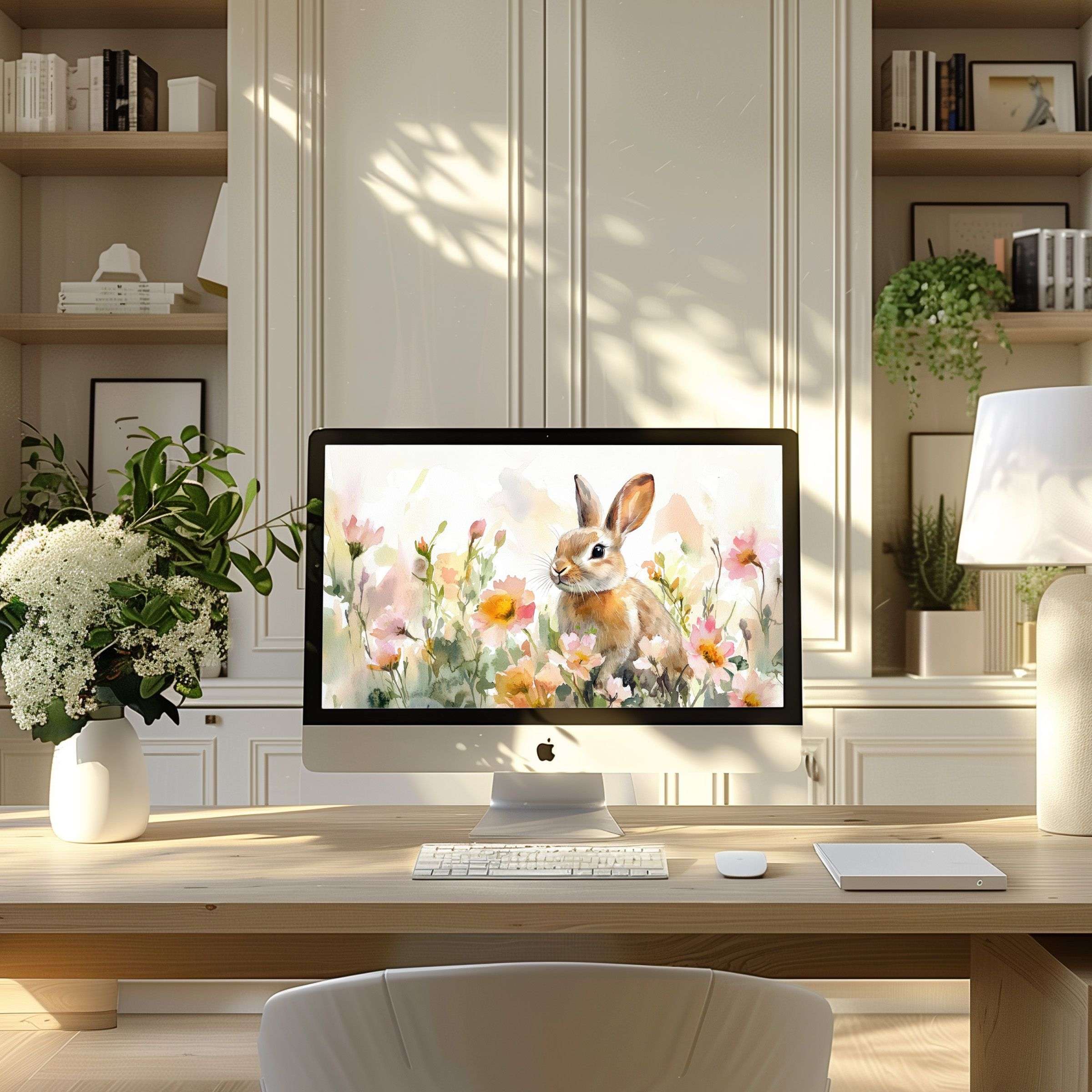 Elegant watercolor rabbit wallpaper for computer adds calm inspiration to your modern home office, suitable for PC and laptop
