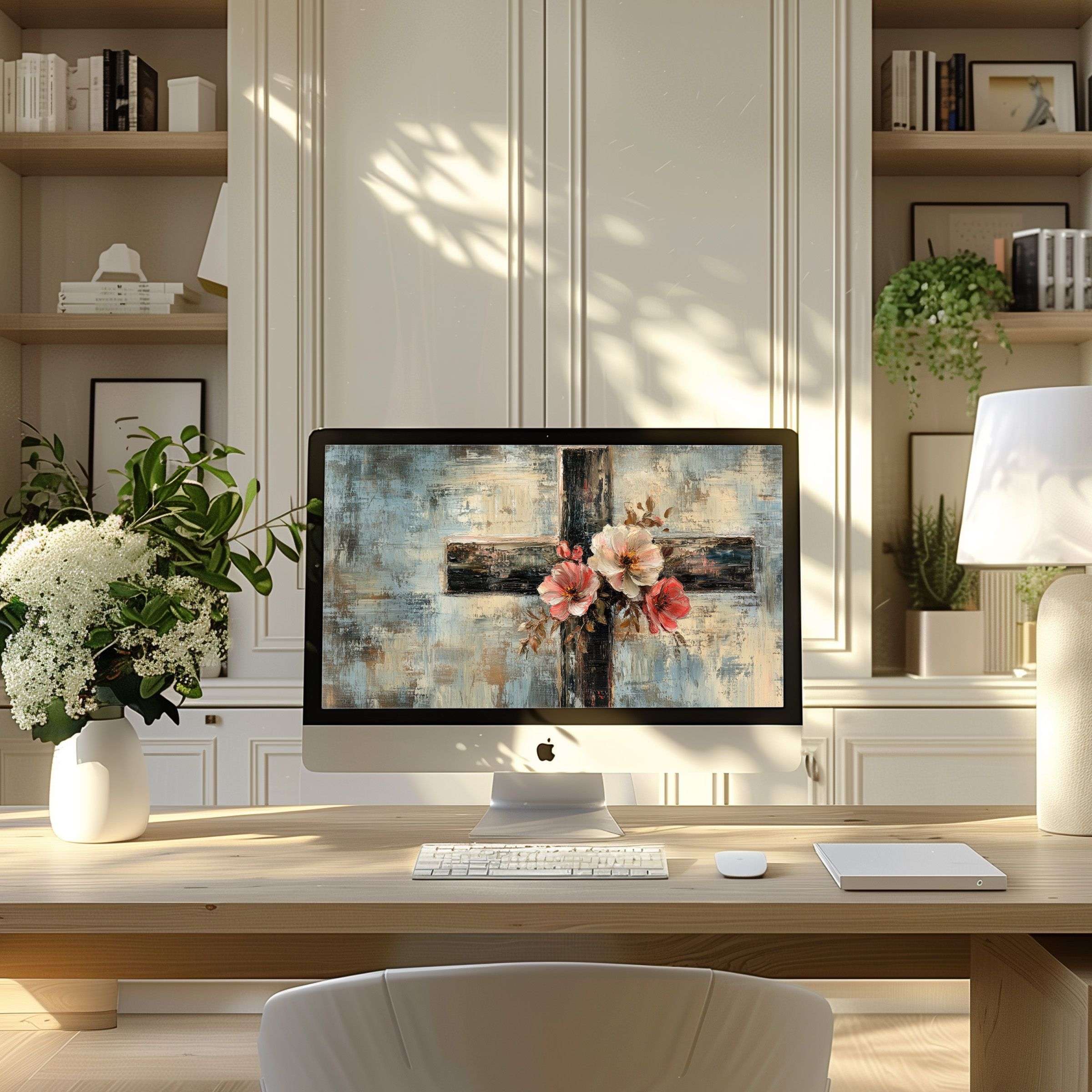 Elegant cross motif digital art adds calm inspiration to any workspace, perfect wallpaper for computer, PC, laptop screens