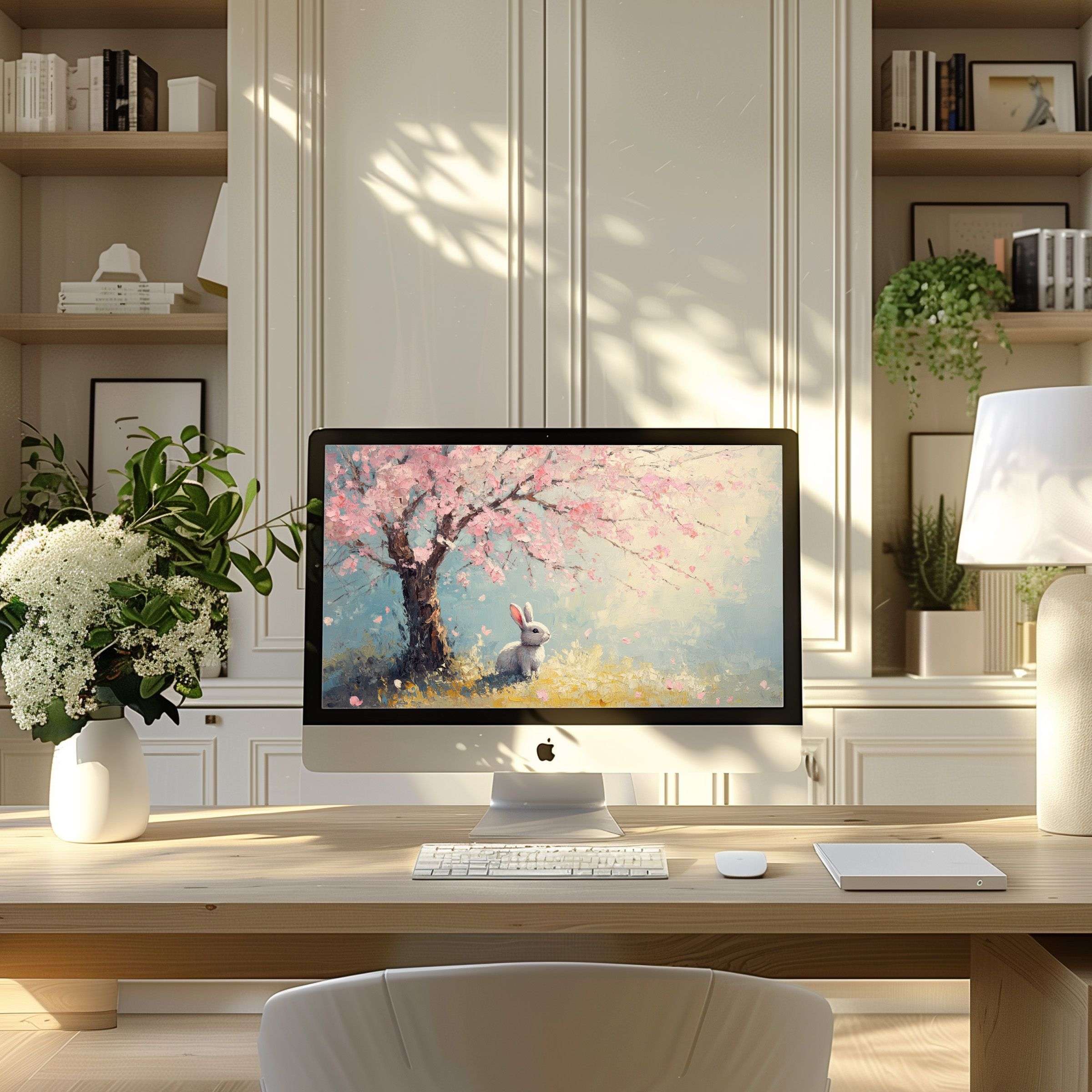 Elegant cherry blossom wallpaper for computer, PC, and laptop offers calm inspiration, perfect for modern, sustainable home offices