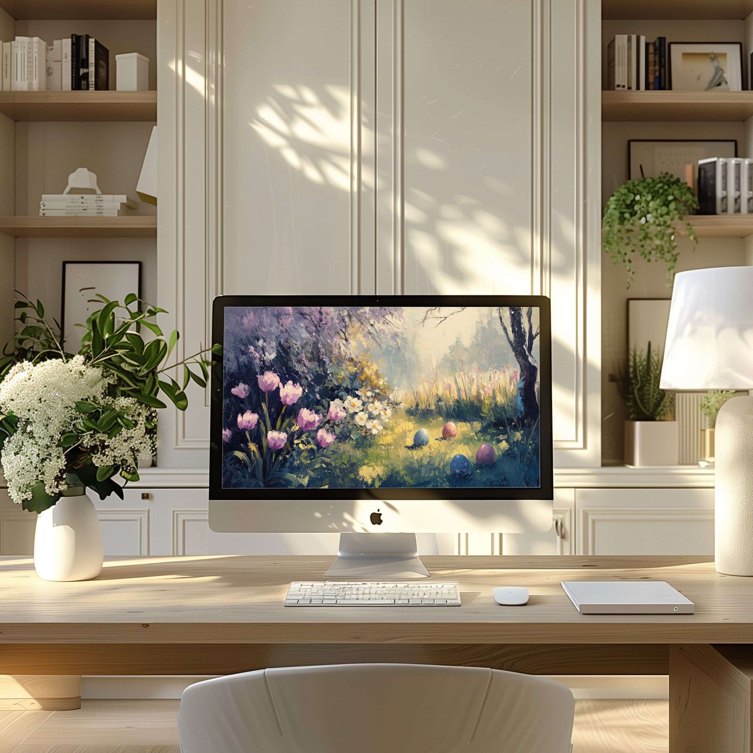 Elegant garden-inspired wallpaper for computer fits PC or laptop, offering calm and inspiration for modern home office décor