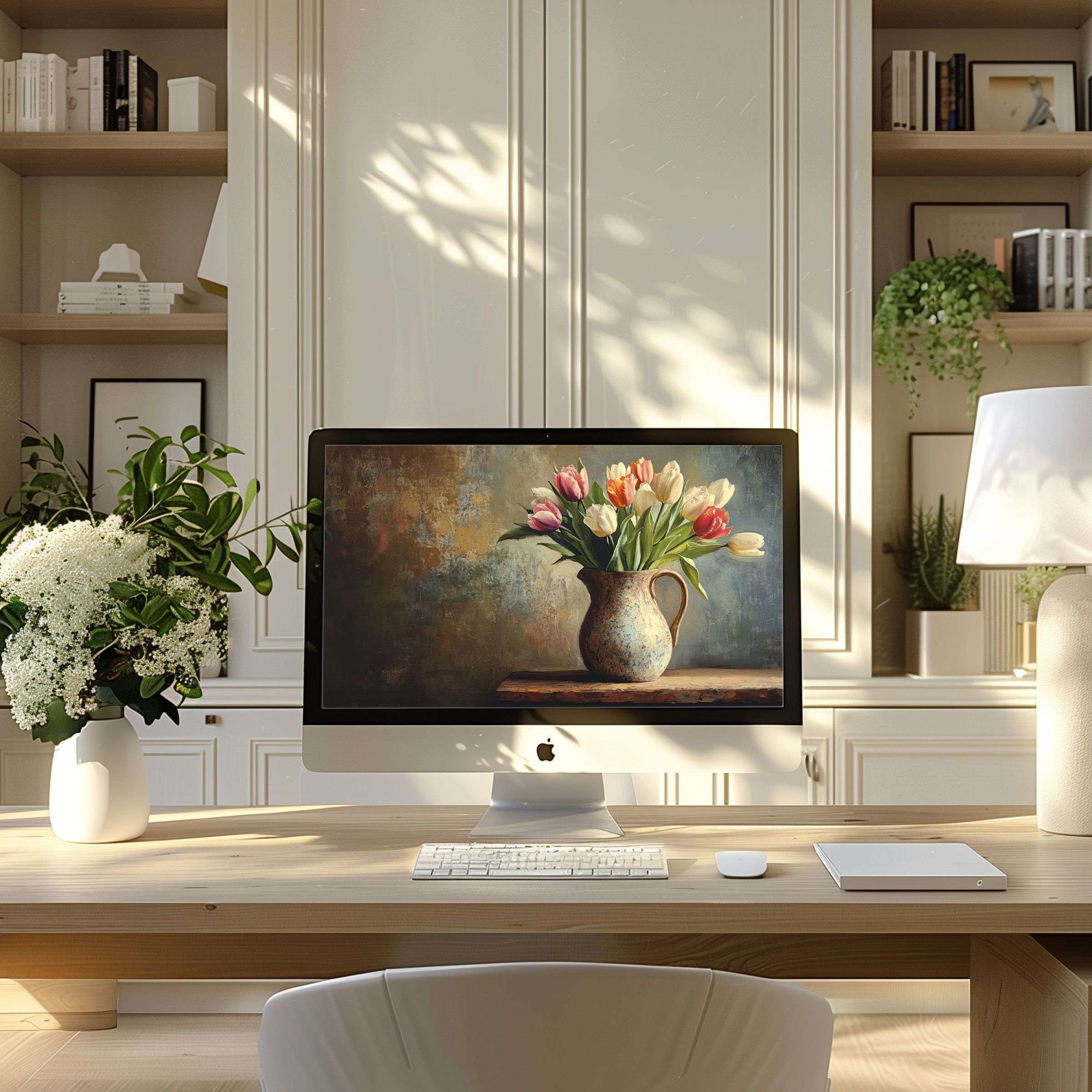 Elegant floral digital art wallpaper for computer transforms your PC or Laptop into a serene, inspiring modern home office setting