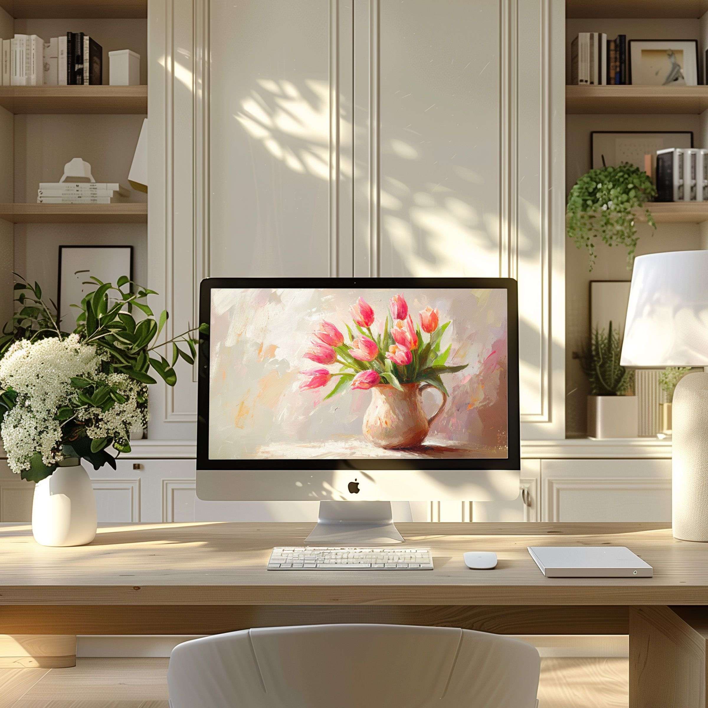 Elegant tulip art wallpaper for computer brings calm inspiration to modern home office, perfect for PC, laptop, or ultrawide download
