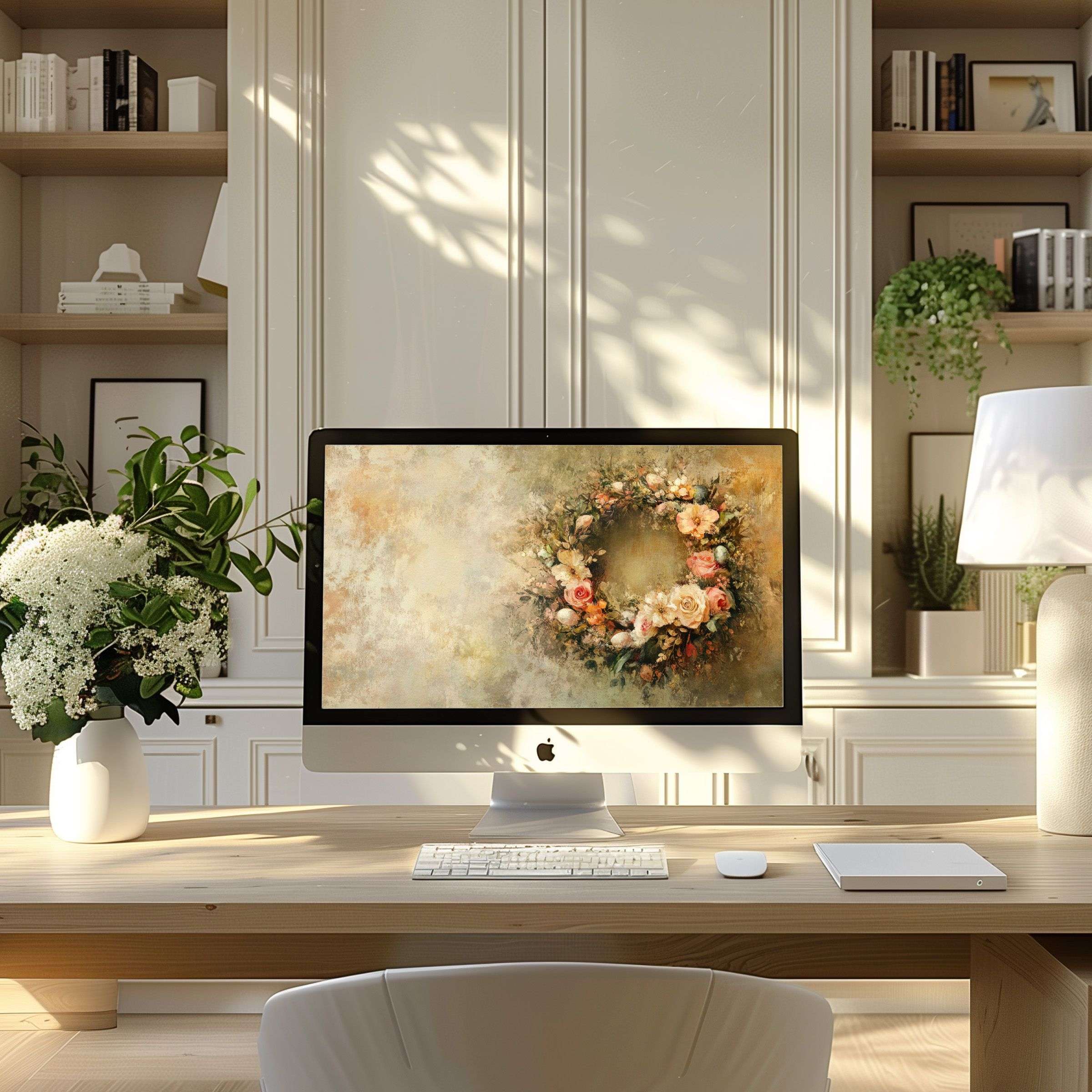 Elegant floral wreath wallpaper for computer inspires calm in a modern home office, perfect for PC or laptop digital download