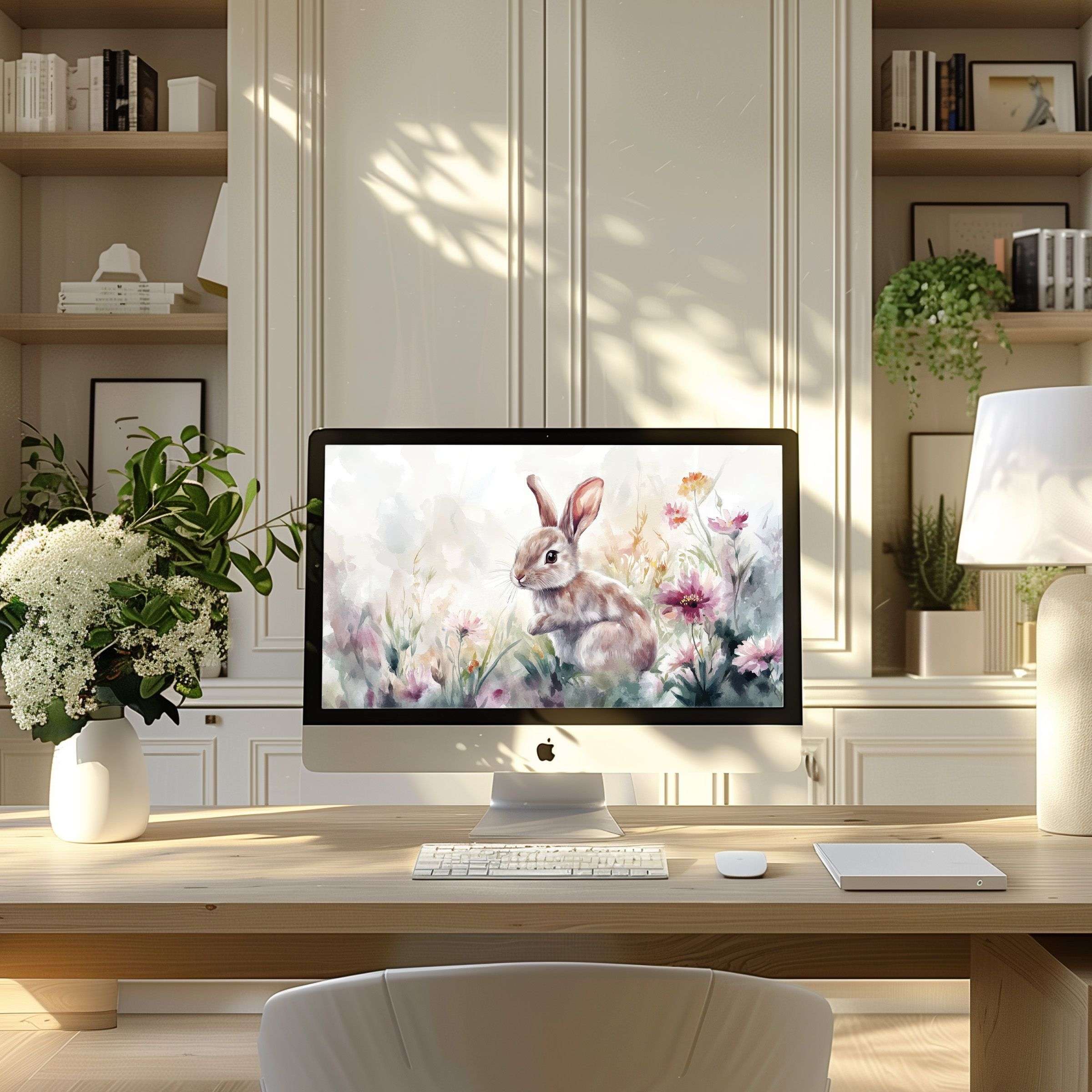 A serene watercolor bunny amidst soft florals as a wallpaper for computer adds elegance and calm to any modern PC or Laptop setup