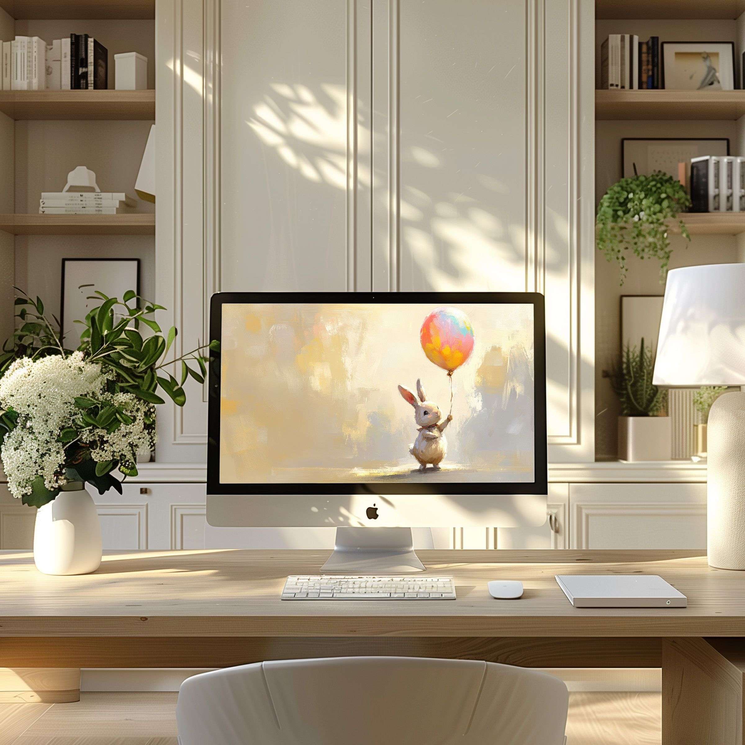 Elegant digital art of a bunny with a balloon as a wallpaper for computer, PC, or laptop in a serene modern home office
