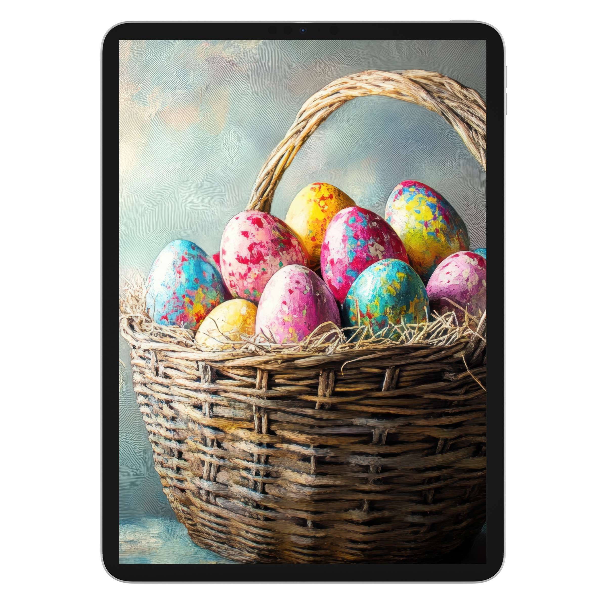 Vivid Easter iPad wallpaper featuring a colorful basket of eggs on a textured background perfect for tablet digital download