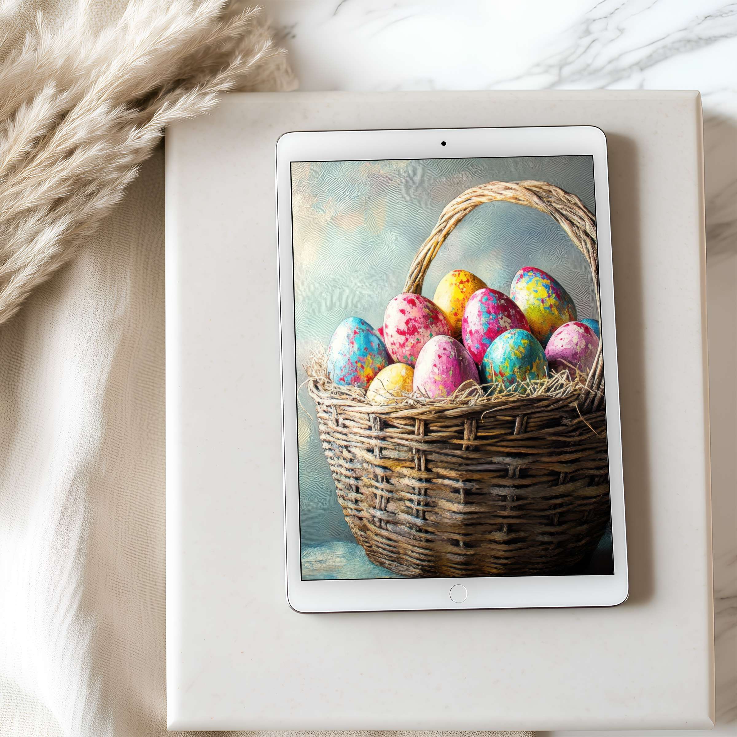 Vibrant basket of speckled eggs art on tablet wallpaper enriches your iPad with elegance and tranquility suitable for digital download