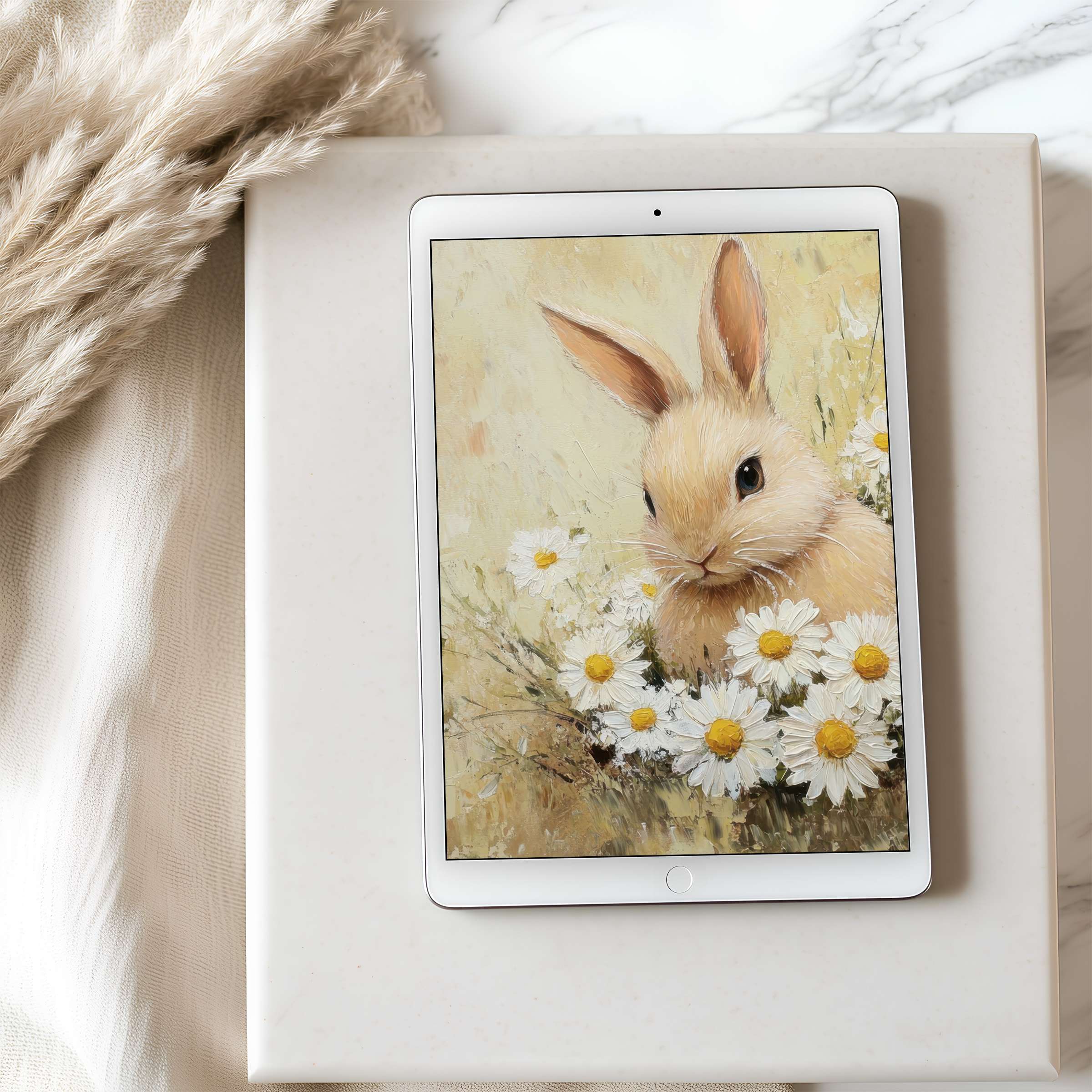 Elegant tablet wallpaper featuring a serene bunny amidst daisies in a soft palette perfect for high-resolution digital download