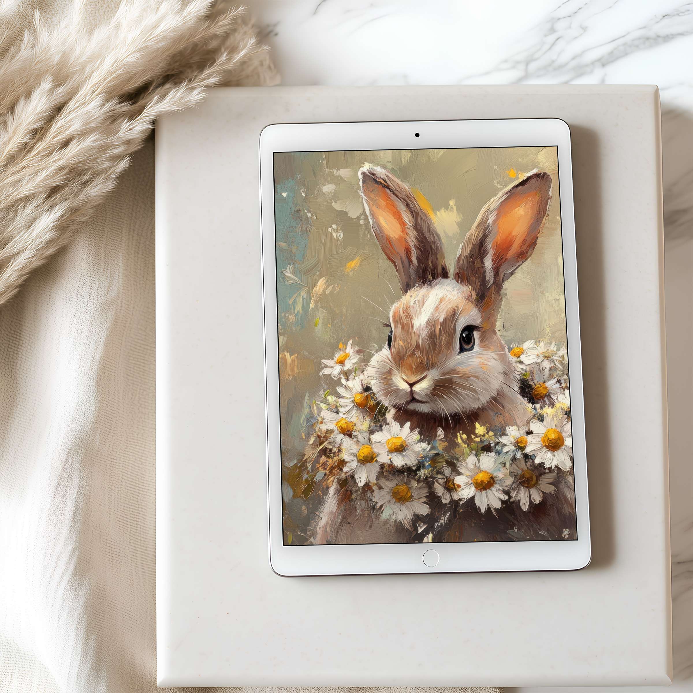 Elegant tablet wallpaper featuring a rabbit adorned with daisies against a rustic backdrop, perfect for iPads and Android tablets, high resolution, digital download
