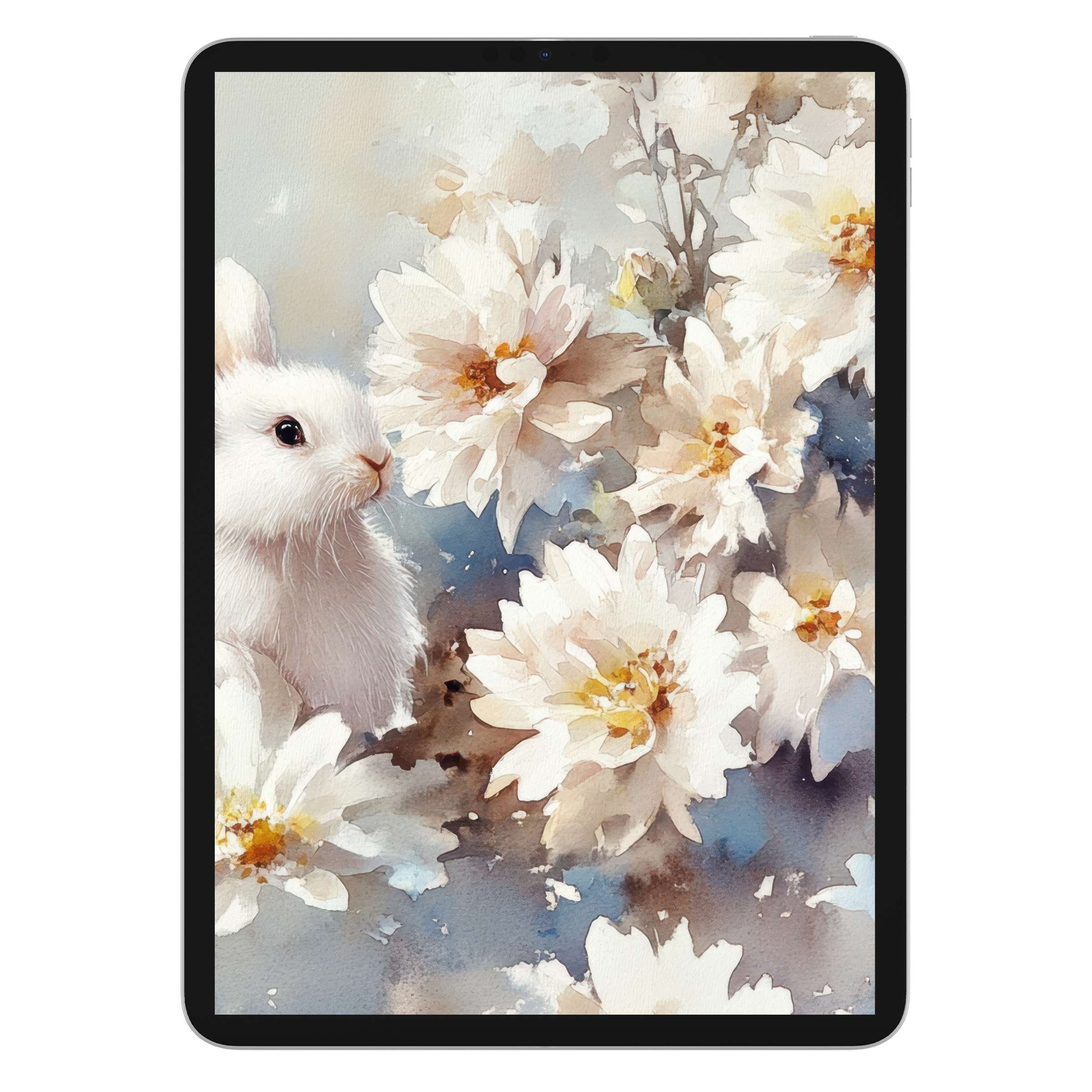 Elegant Easter iPad wallpaper featuring a serene bunny with watercolor blooms, ideal digital download for tablet background bliss
