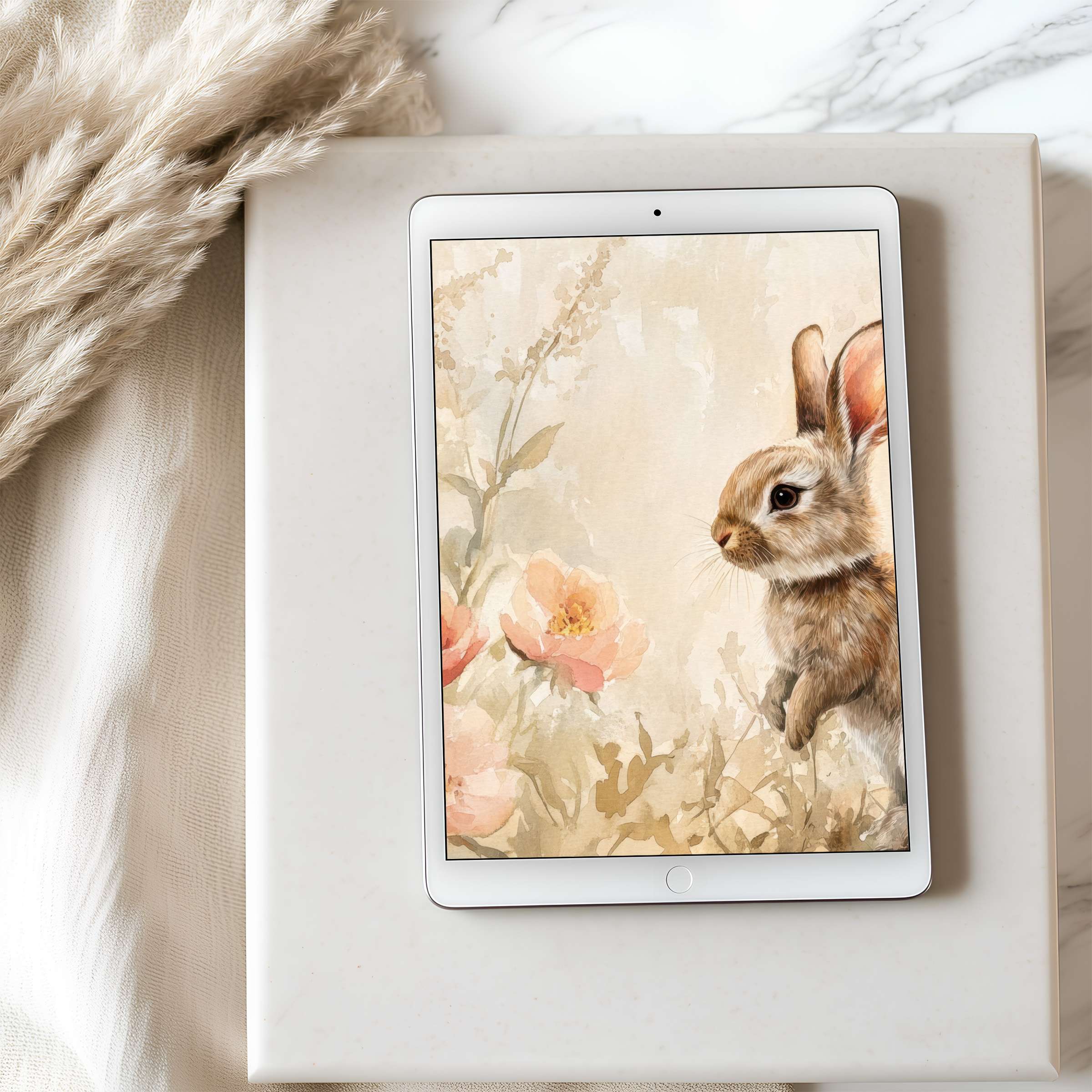 Elegant floral rabbit motif tablet wallpaper for iPad, offering calm and sustainable art, ideal for Android tablets and digital download