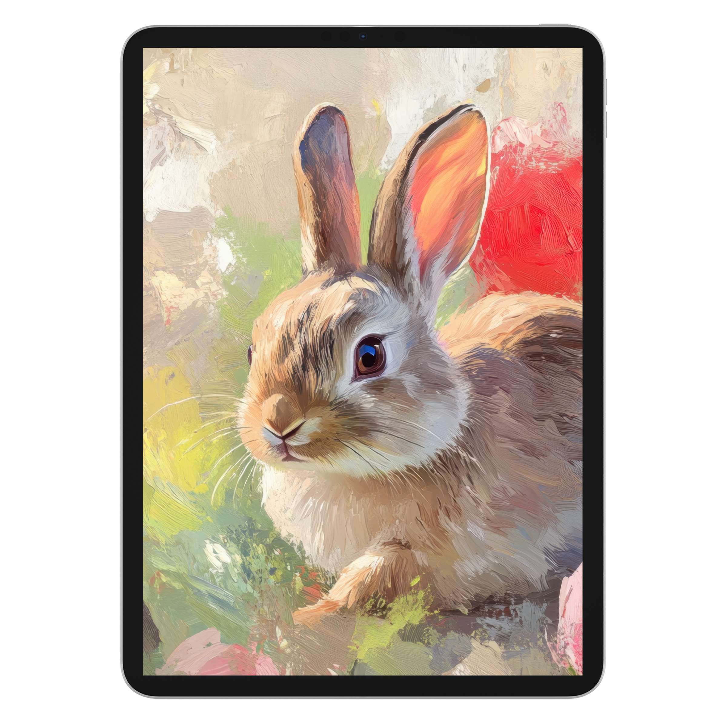 Elegant easter iPad wallpaper featuring a textured rabbit painting as a digital download background for tablet serenity and design harmony