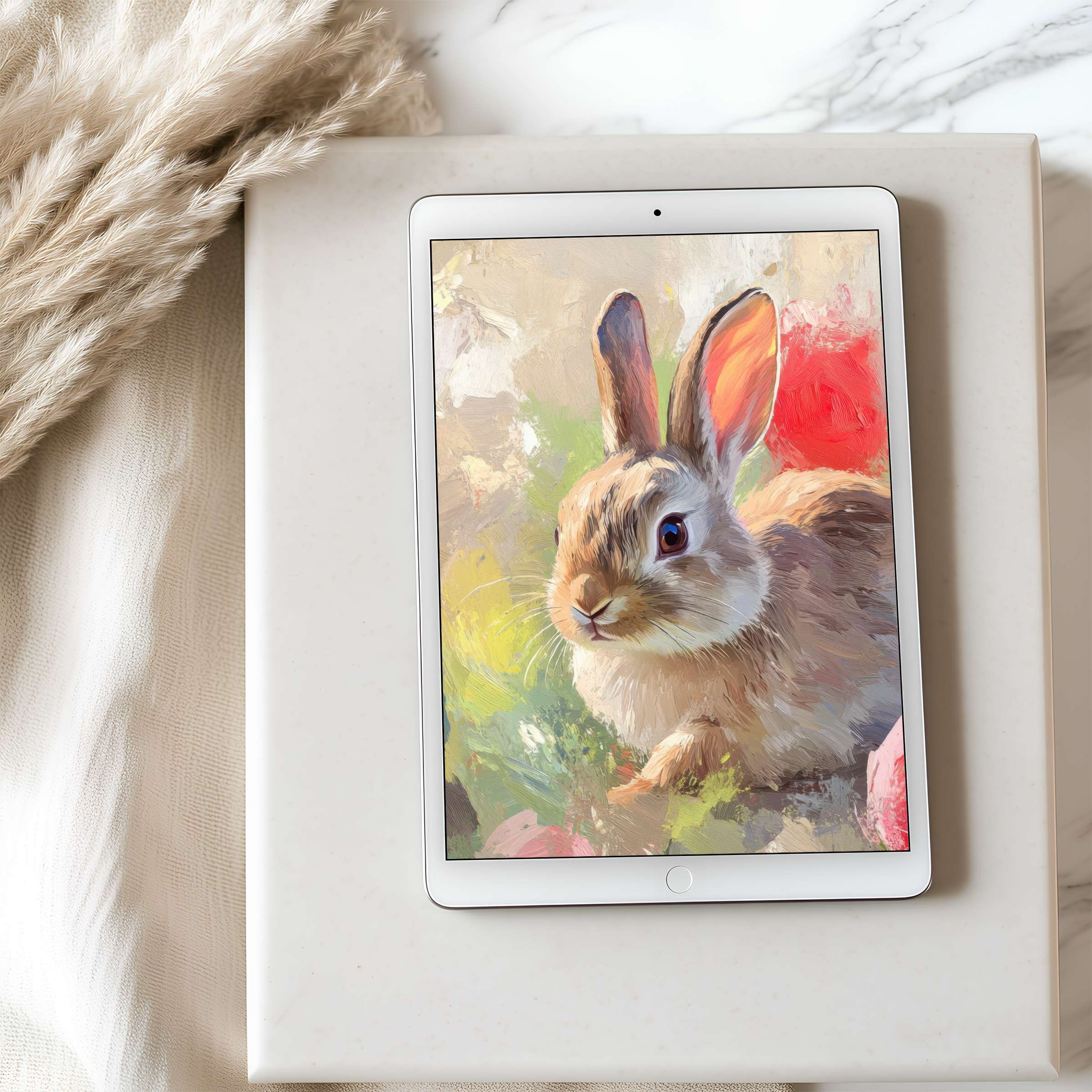 Elegant digital art depicting a rabbit in soft, earthy tones, perfect as a calming tablet wallpaper for iPad or Android, high resolution
