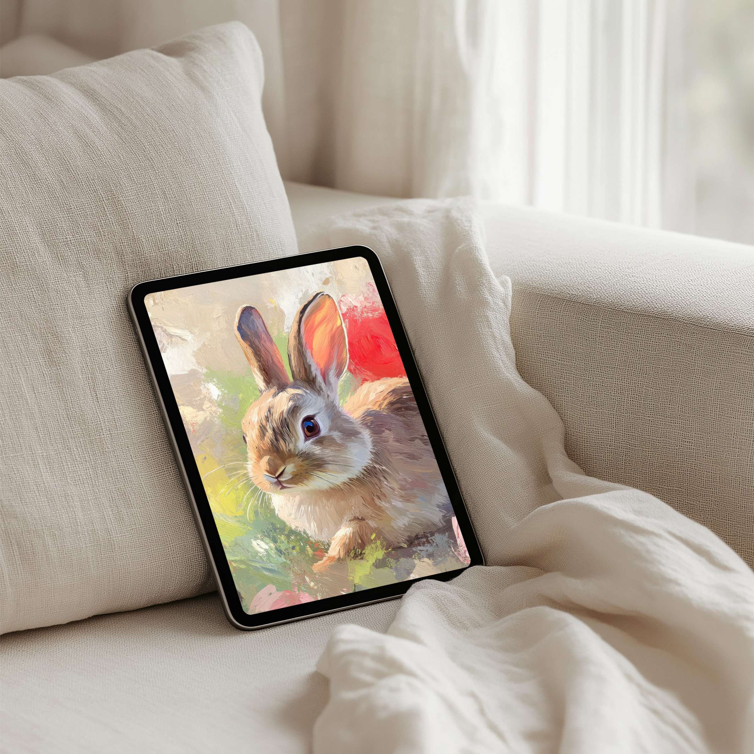 Serene iPad background of a watercolor bunny offering calm elegance and mindfulness for instant download on any tablet