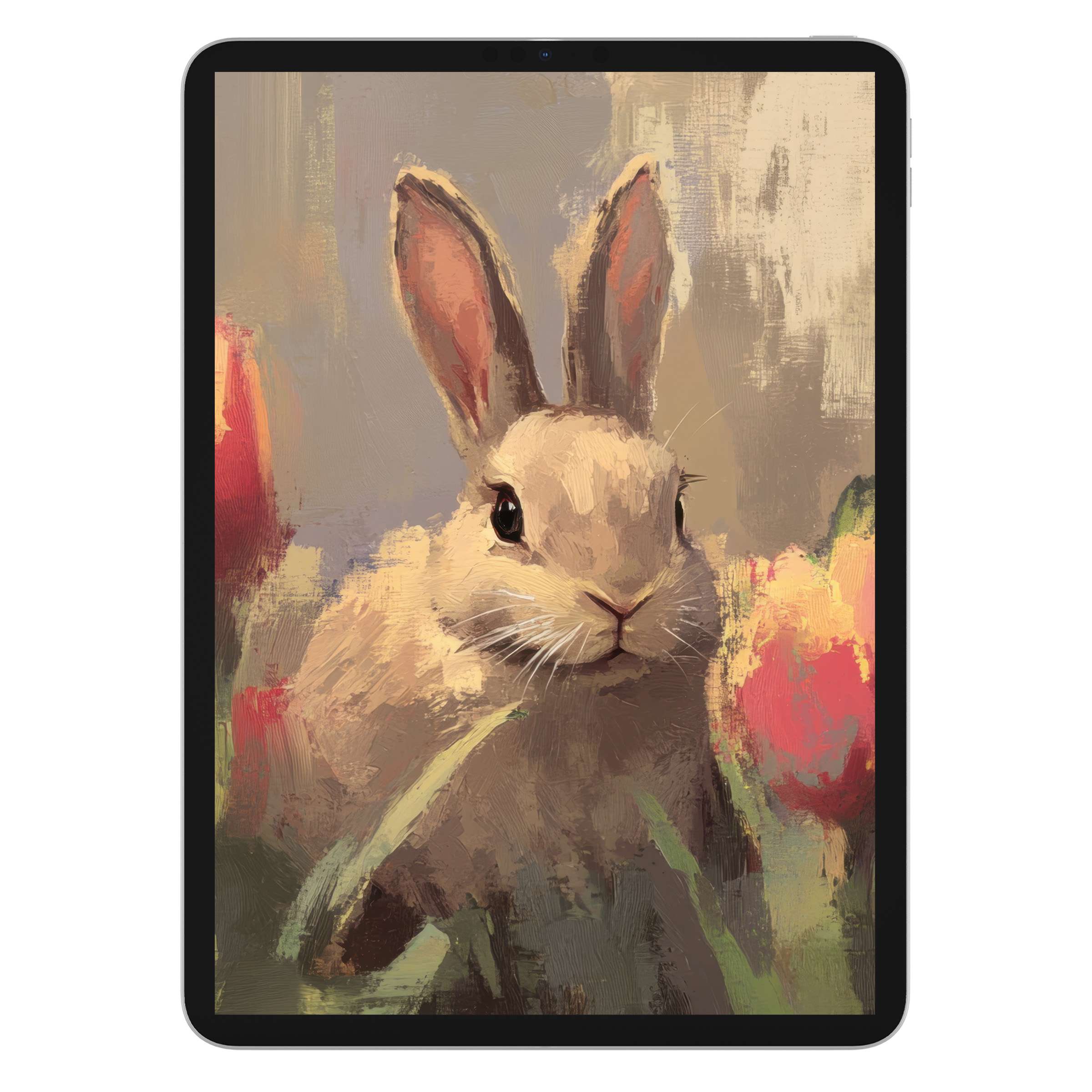 Easter iPad wallpaper featuring a serene rabbit amidst vibrant tulips, crafted for digital download as a calming tablet background
