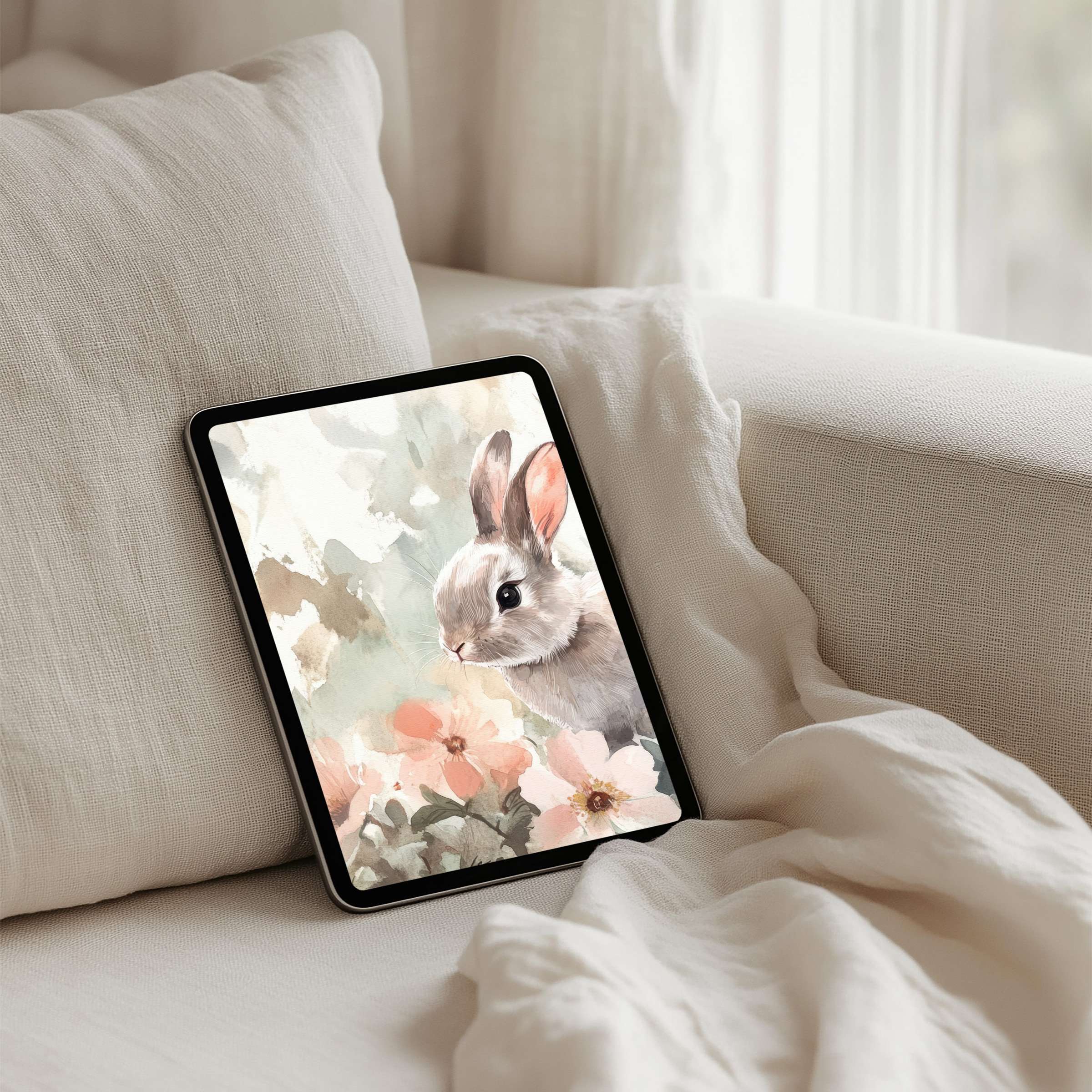 Elegant watercolor bunny on iPad background enhances tablet with calm elegance and mindfulness instant download suitable for all devices