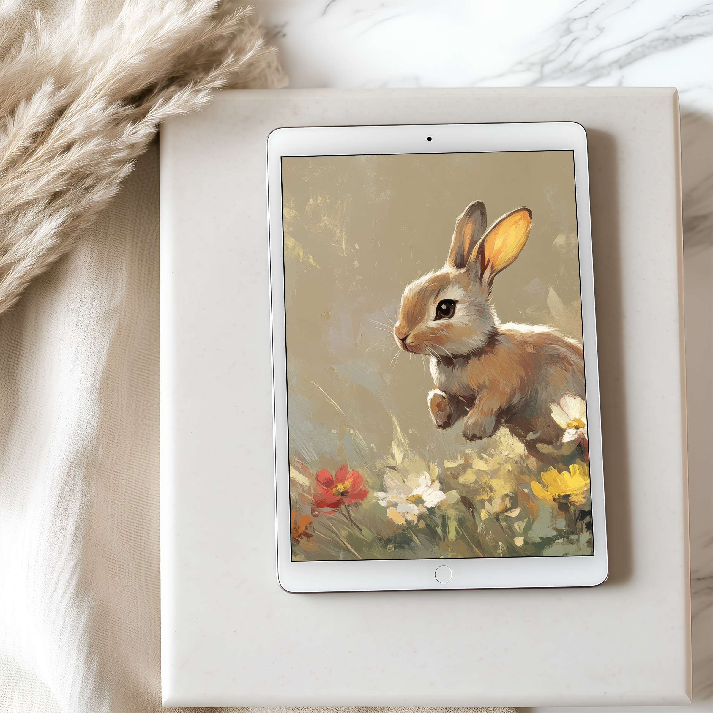 Elegant tablet wallpaper featuring a charming rabbit amidst wildflowers in high resolution, ideal for iPad and Android tablets, boosting tranquility
