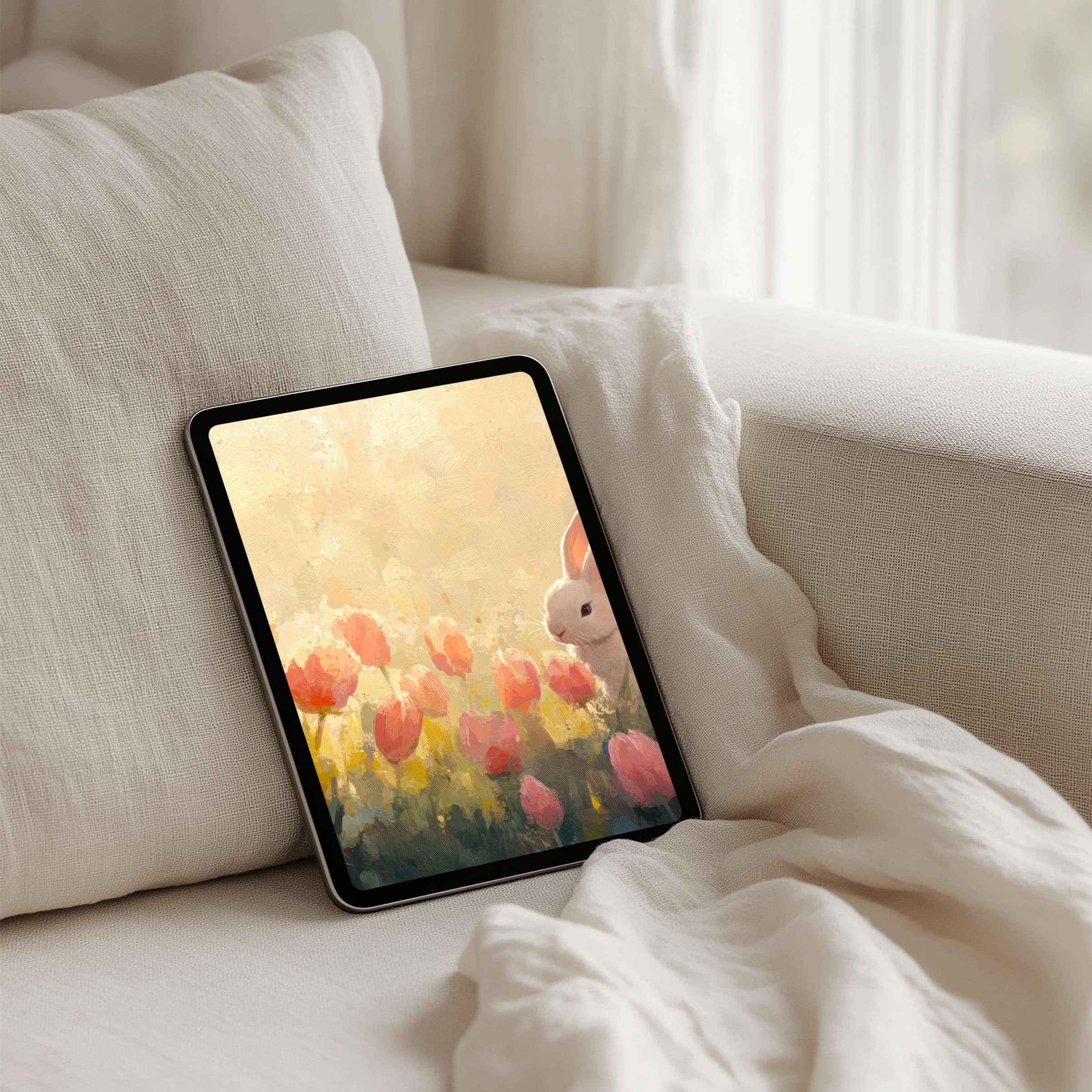 Cozy iPad background featuring serene bunny art with tulips in soft colors offers instant download for tablets bringing calm inspiration