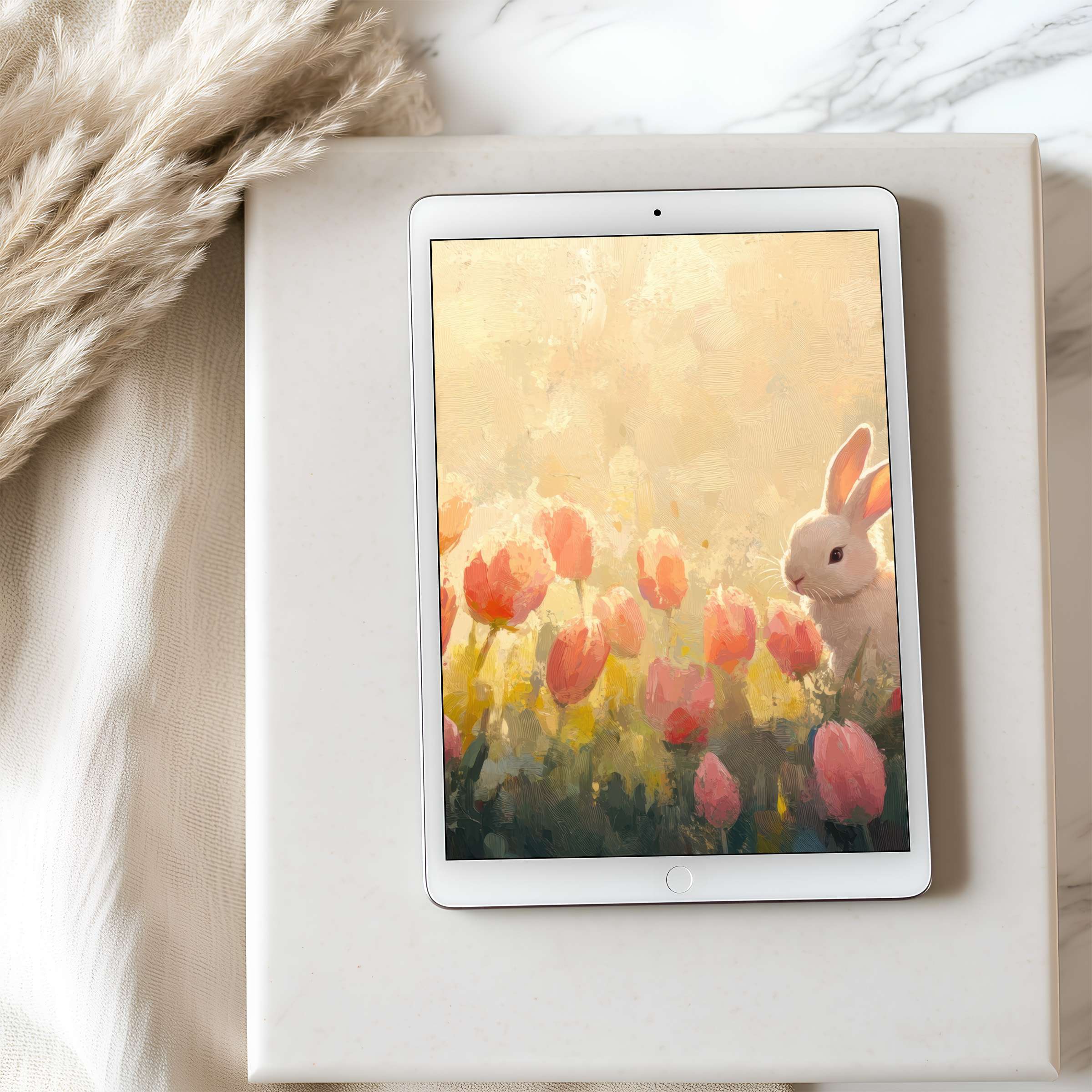 Elegant tablet wallpaper featuring a serene bunny amidst pastel tulips offers high resolution for iPad and Android, enhancing any digital space