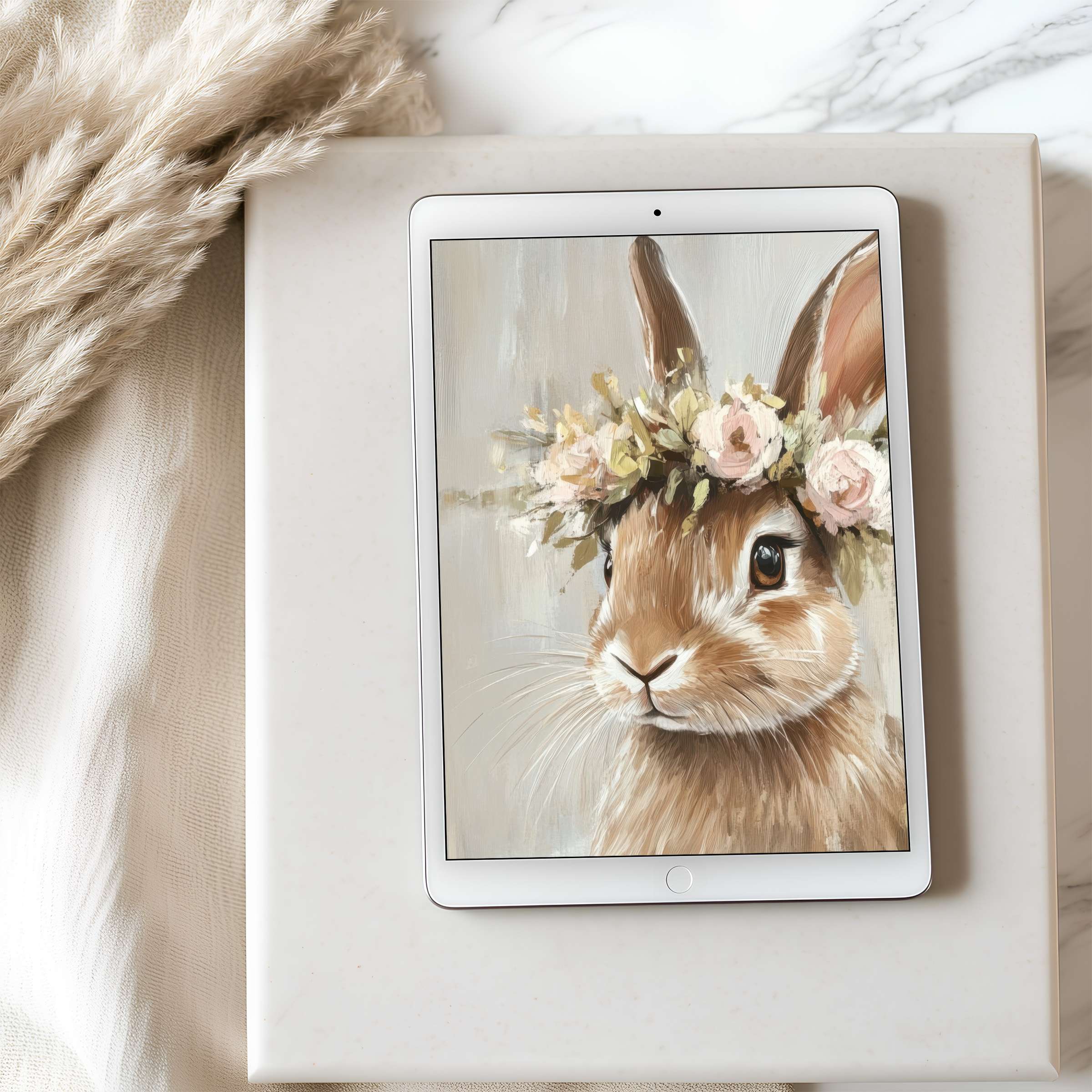 Charming tablet wallpaper featuring a rabbit with a floral crown in soft pastels ideal for high resolution iPad and tablets download