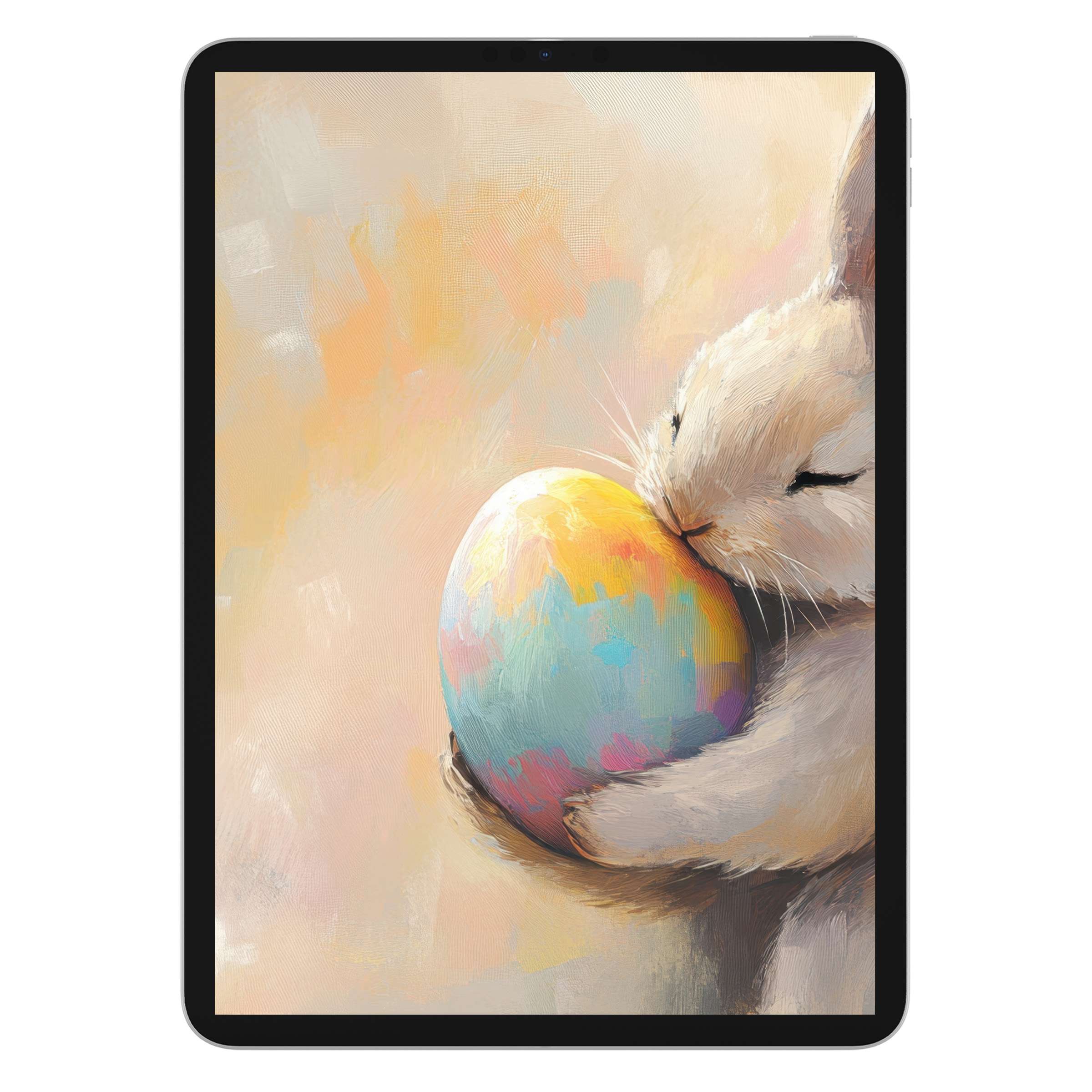 Easter iPad wallpaper featuring a whimsical bunny embracing a colorful egg, ideal digital download for tablet backgrounds, serene and artistic
