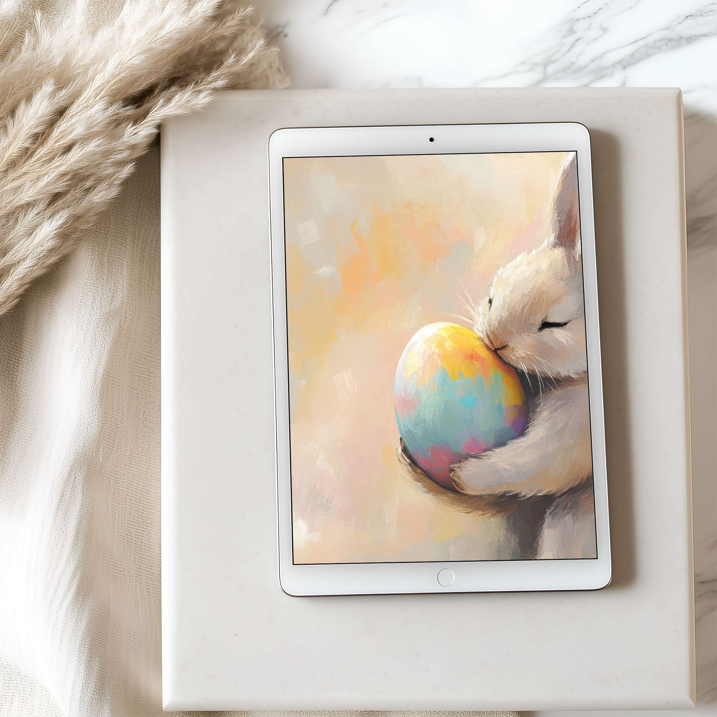 Charming bunny cuddles vibrant egg in tablet wallpaper for a serene, high-resolution digital download fit for iPad and Android