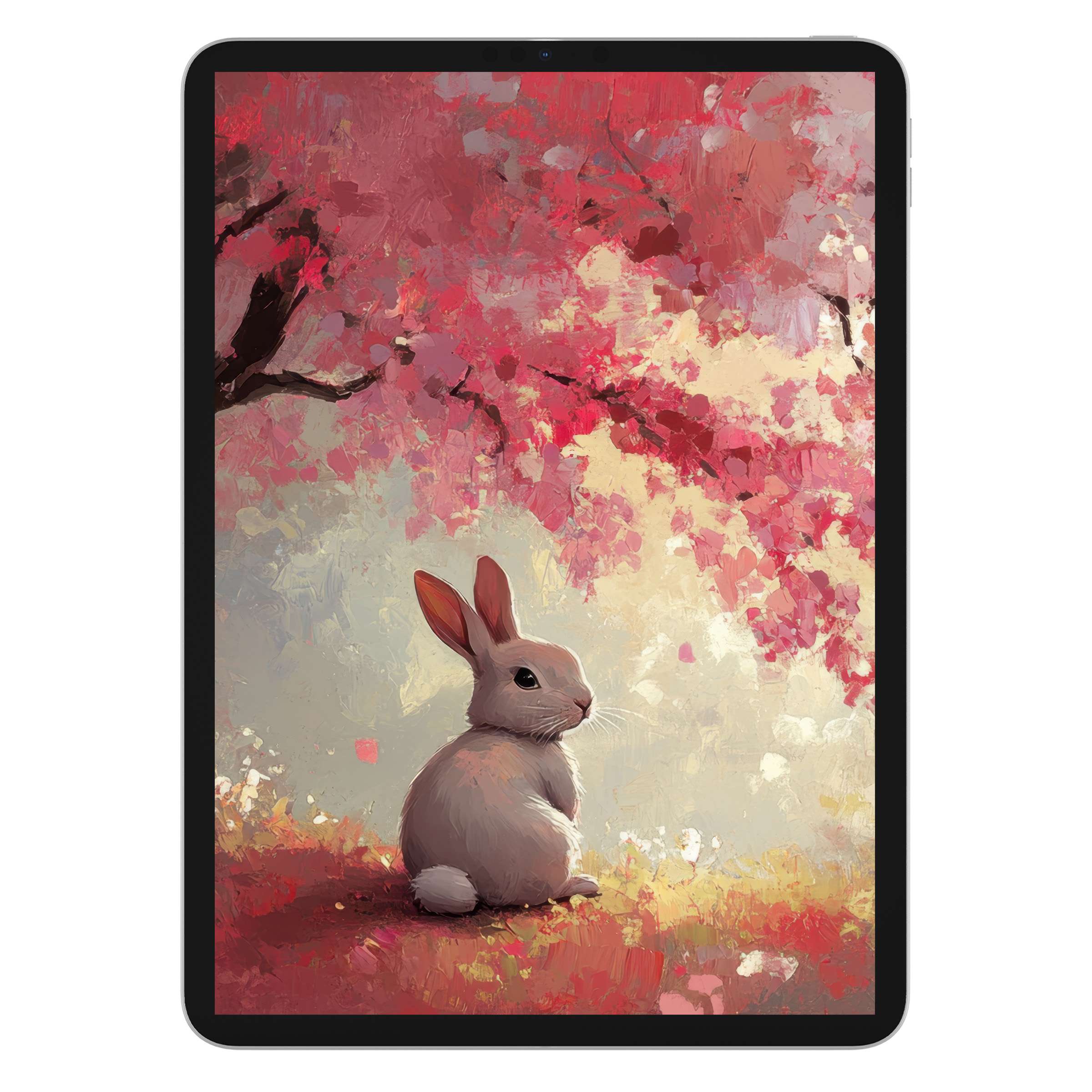 Calm and elegant easter iPad wallpaper featuring a serene bunny under pink blossoms, perfect digital download for tablet backgrounds