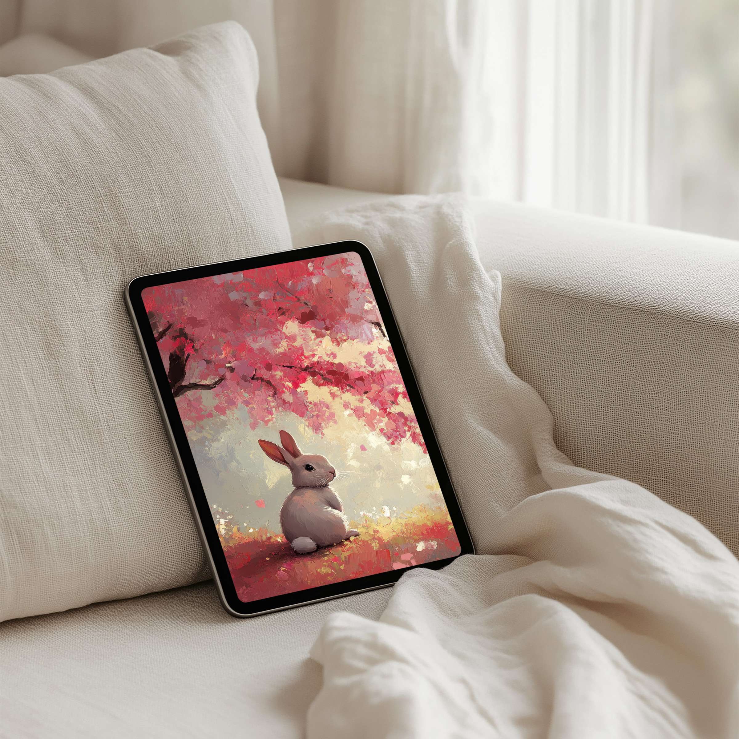 Serene iPad background featuring a rabbit under a cherry blossom tree; perfect for tablet use, instant download for mindful elegance