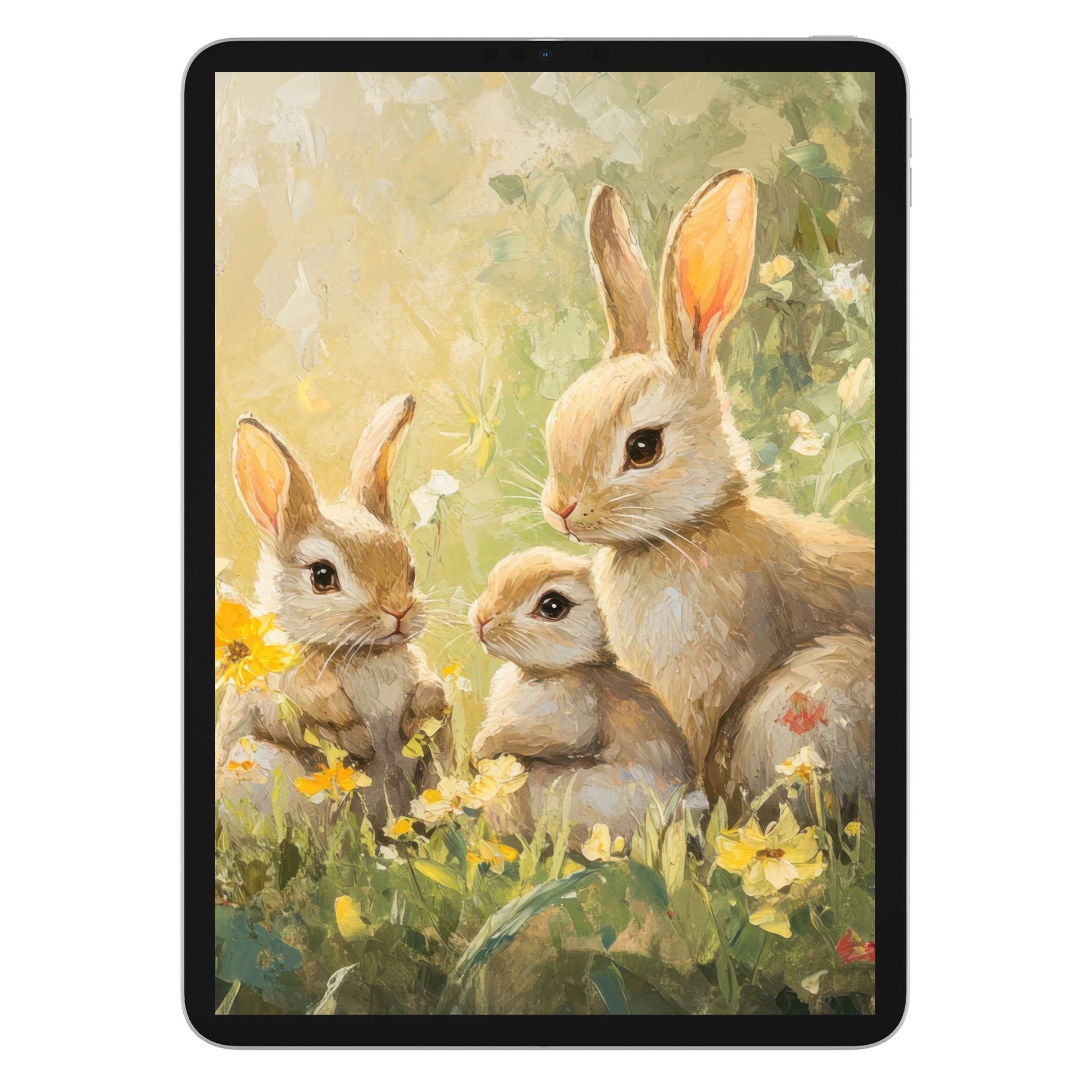 Elegant easter iPad wallpaper featuring a serene scene of three rabbits in soft pastels ideal for digital download tablet background