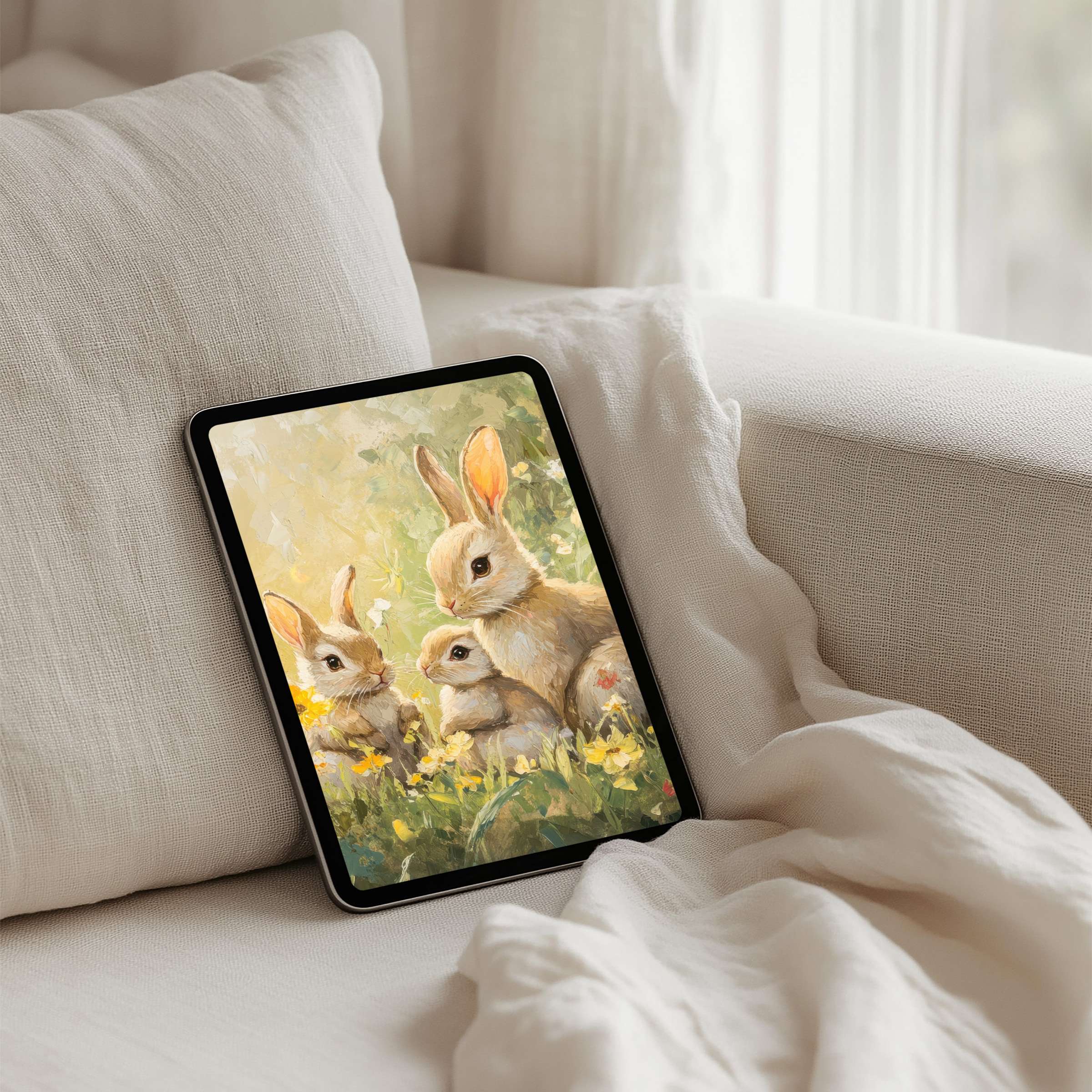 Elegant digital art iPad background with serene bunnies in soft pastels offers a calm instant download for any tablet user