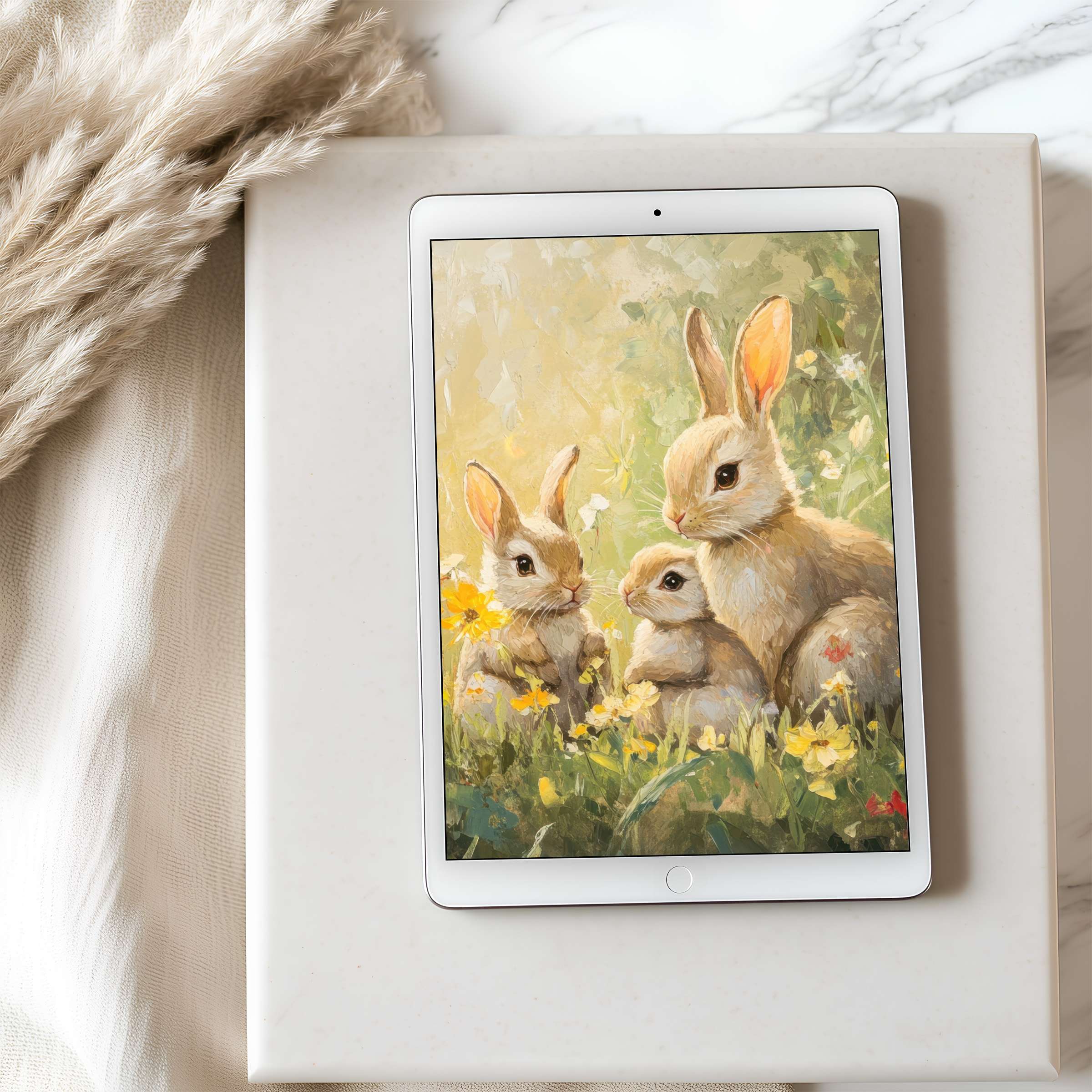 Elegant rabbit motif tablet wallpaper reflects tranquility in soft pastels, perfect for iPad and Android tablets, digital download