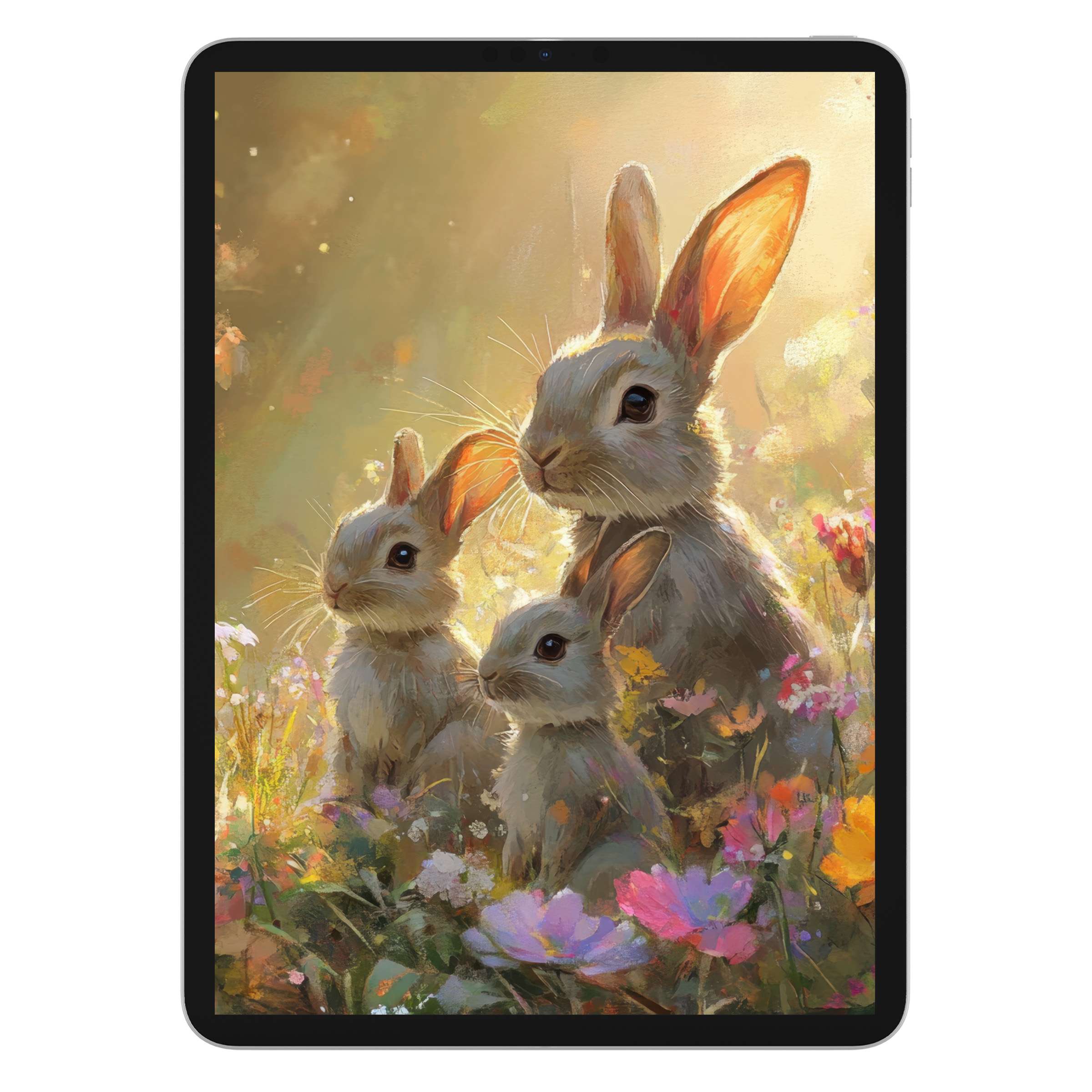 Easter iPad wallpaper featuring charming rabbits in a serene floral landscape digital download for tablet backgrounds and spring vibes