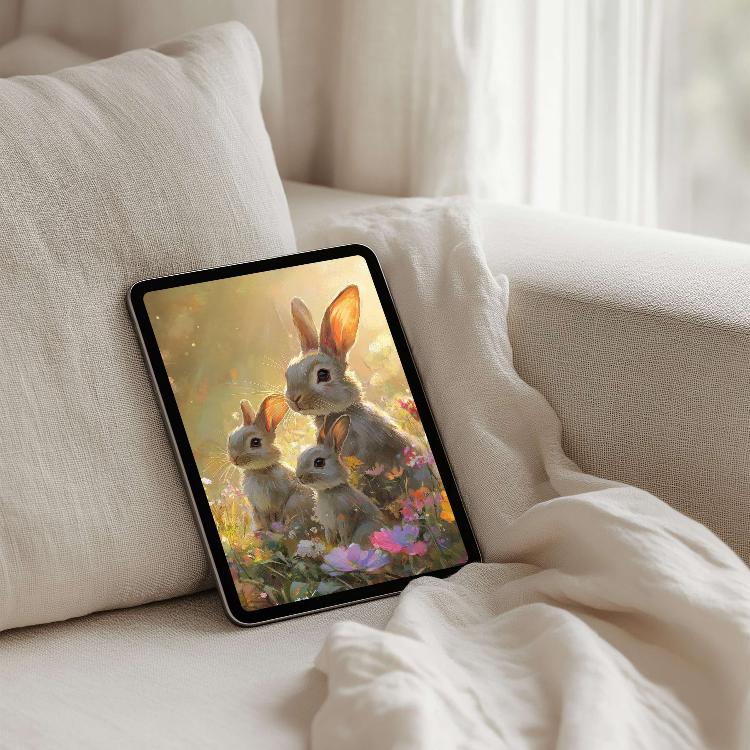 Elegant digital art of serene rabbits in a floral meadow, perfect iPad background for mindful ambiance on any tablet, instant download