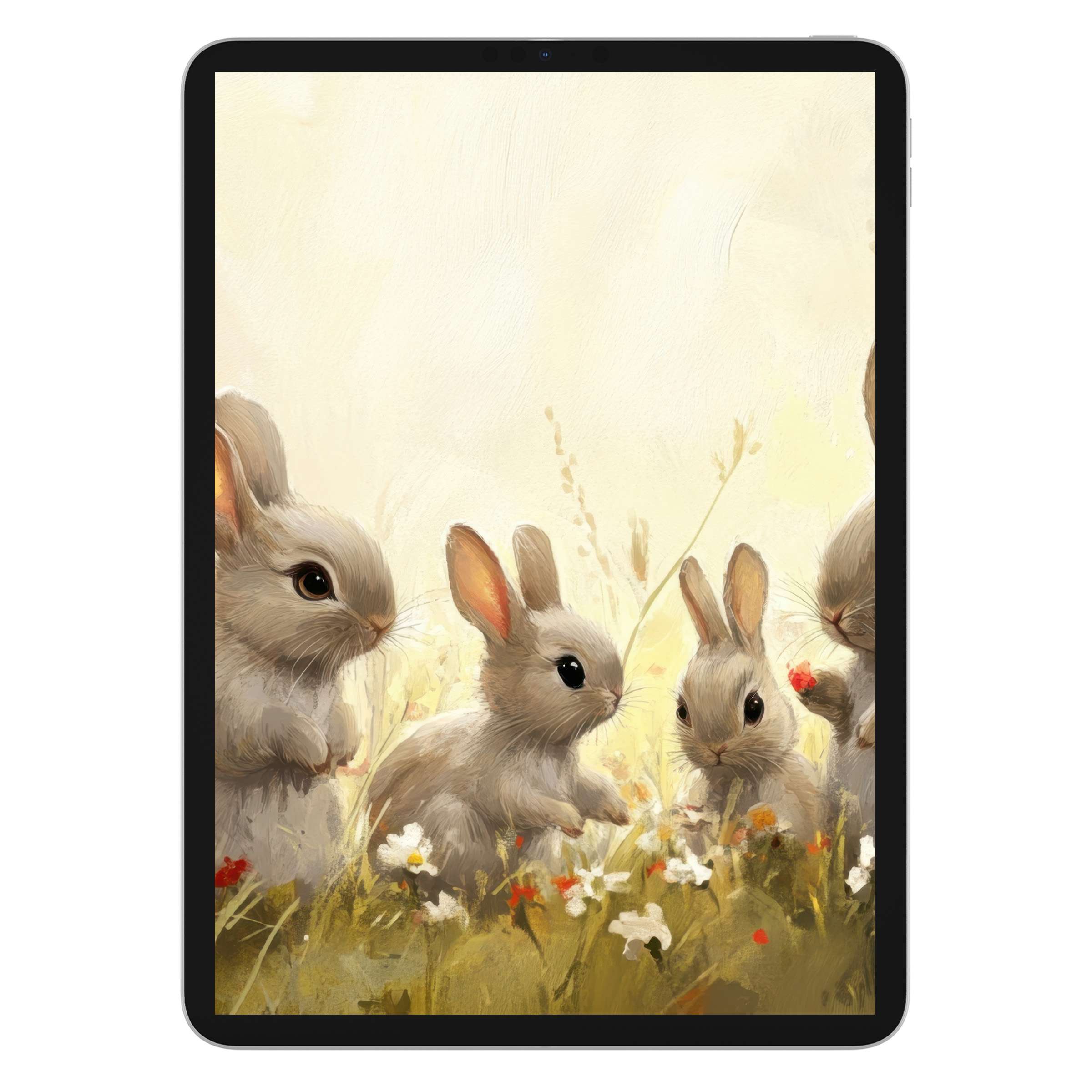 Charming Easter iPad wallpaper featuring bunnies in tranquil pastels offers a serene digital download background for any tablet device