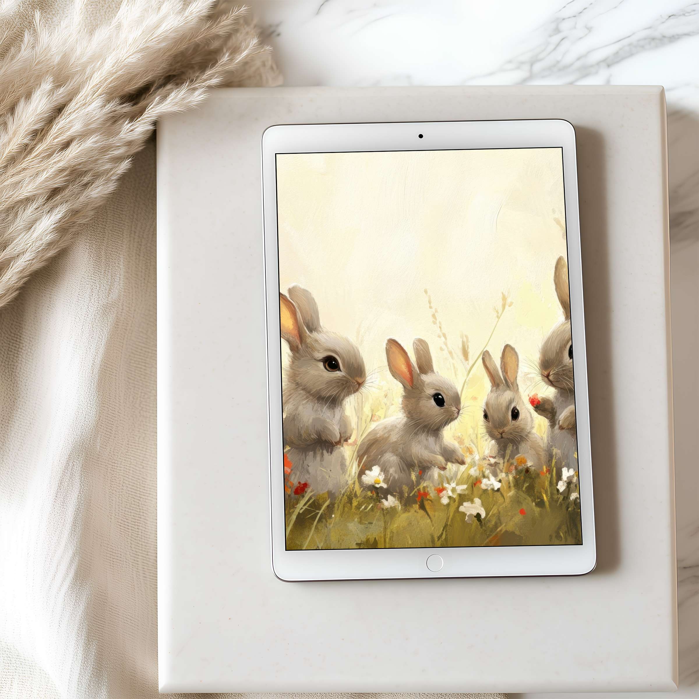 Charming rabbit motif on tablet wallpaper exudes serene elegance, perfect for high-resolution iPad or Android download boosts tranquility