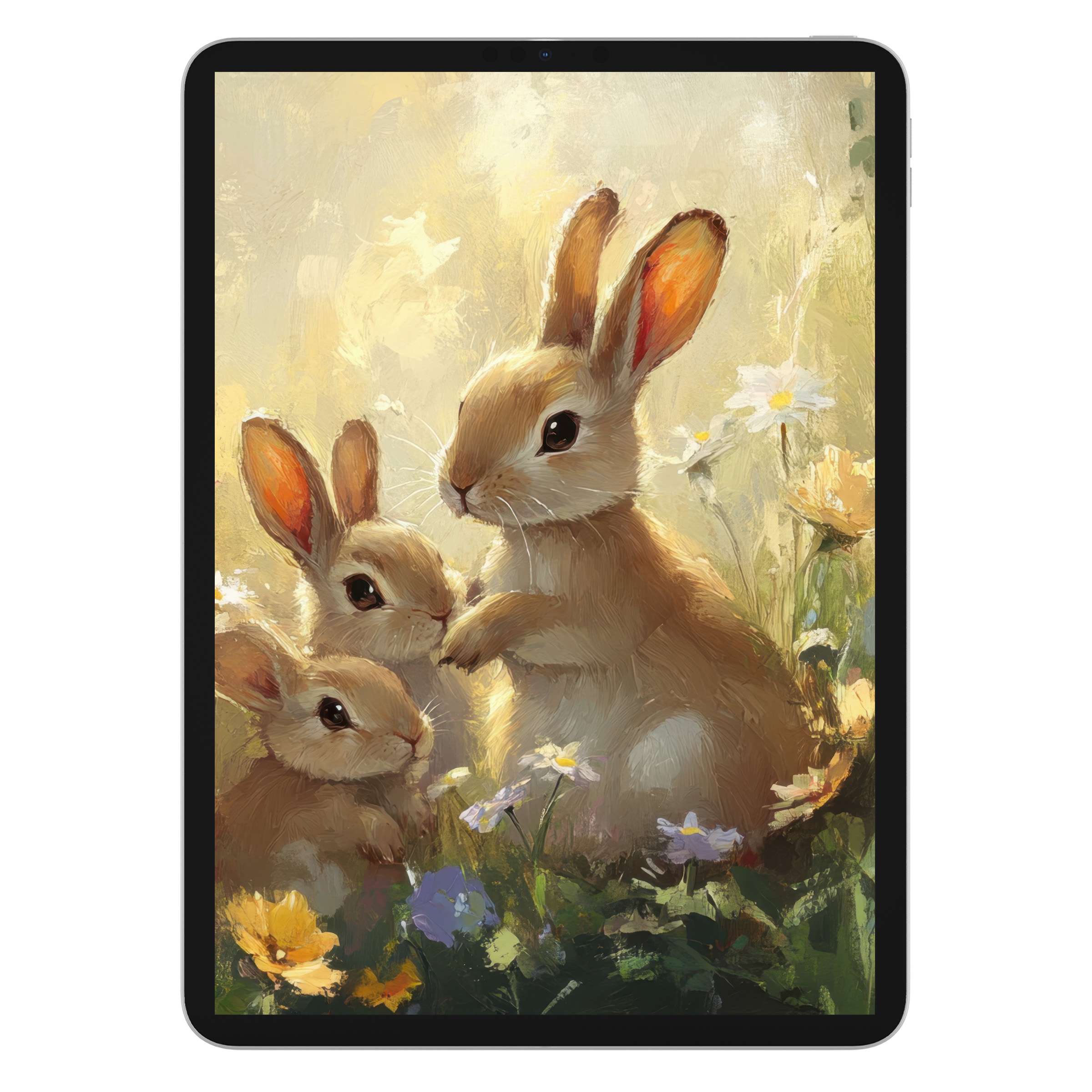 Charming easter iPad wallpaper with bunnies amidst wildflowers, perfect digital download for a tranquil tablet background experience