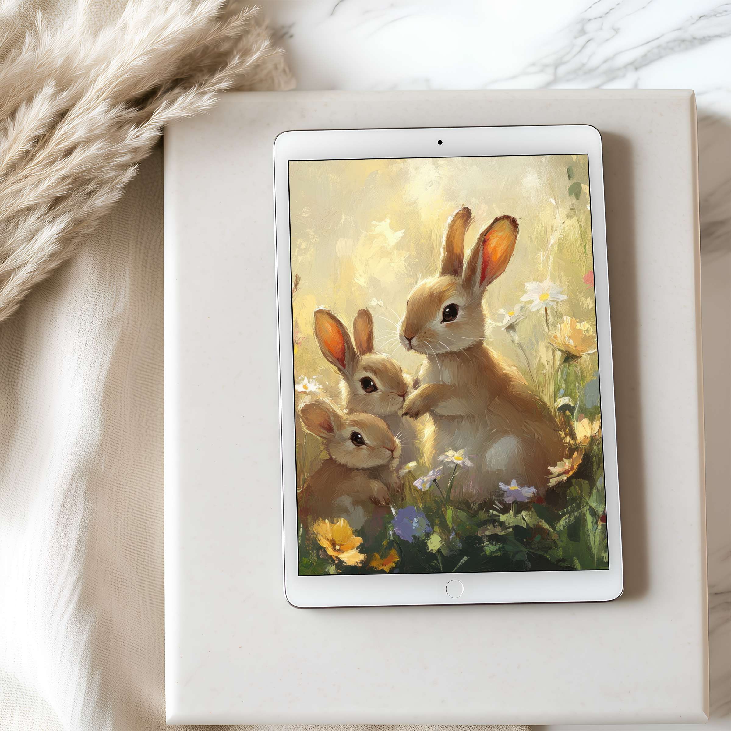 Charming rabbits in a serene floral setting make this high resolution tablet wallpaper perfect for iPad and Android, enhancing calm spaces
