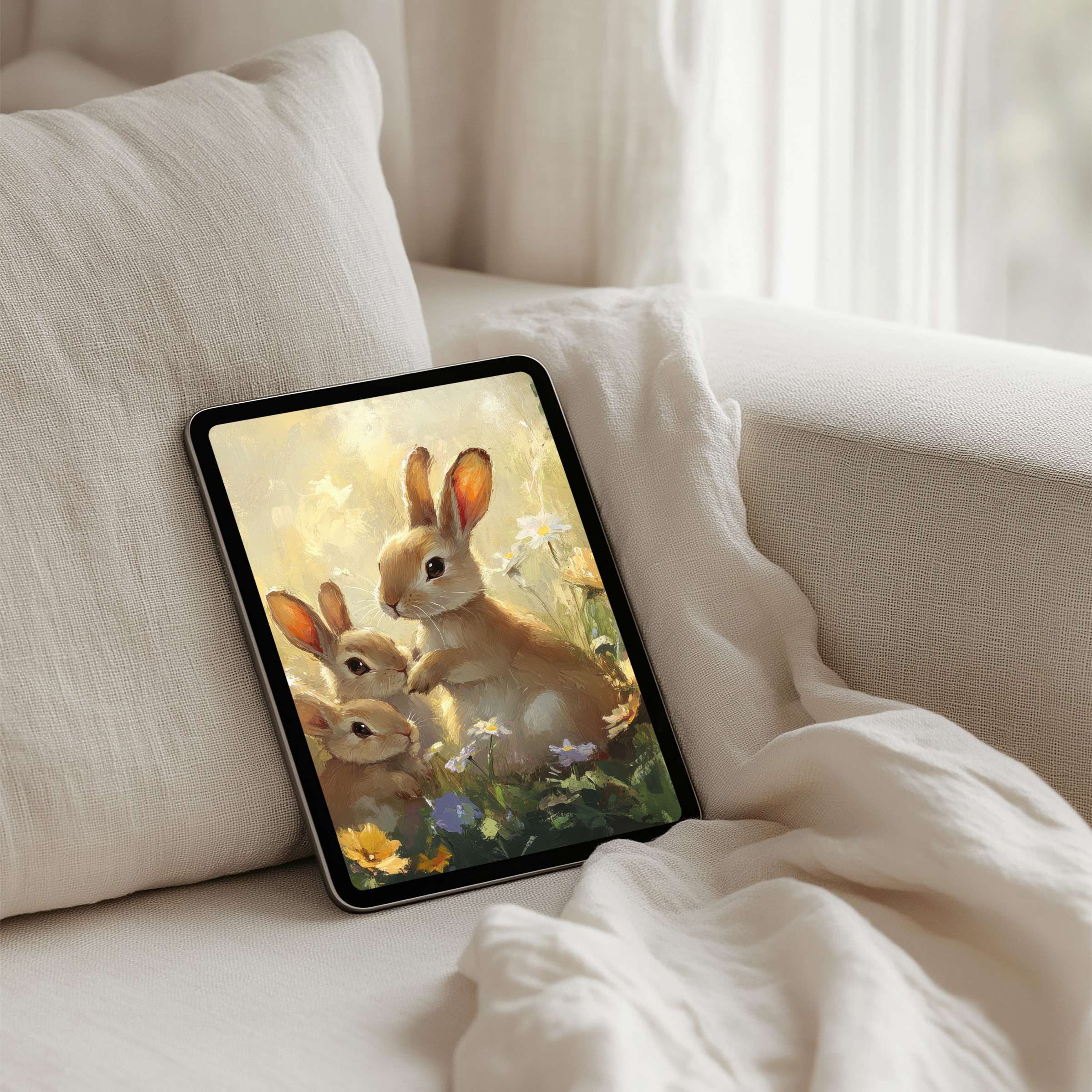 Charming watercolor rabbits evoke calm and inspiration as an elegant iPad background for instant download on any tablet
