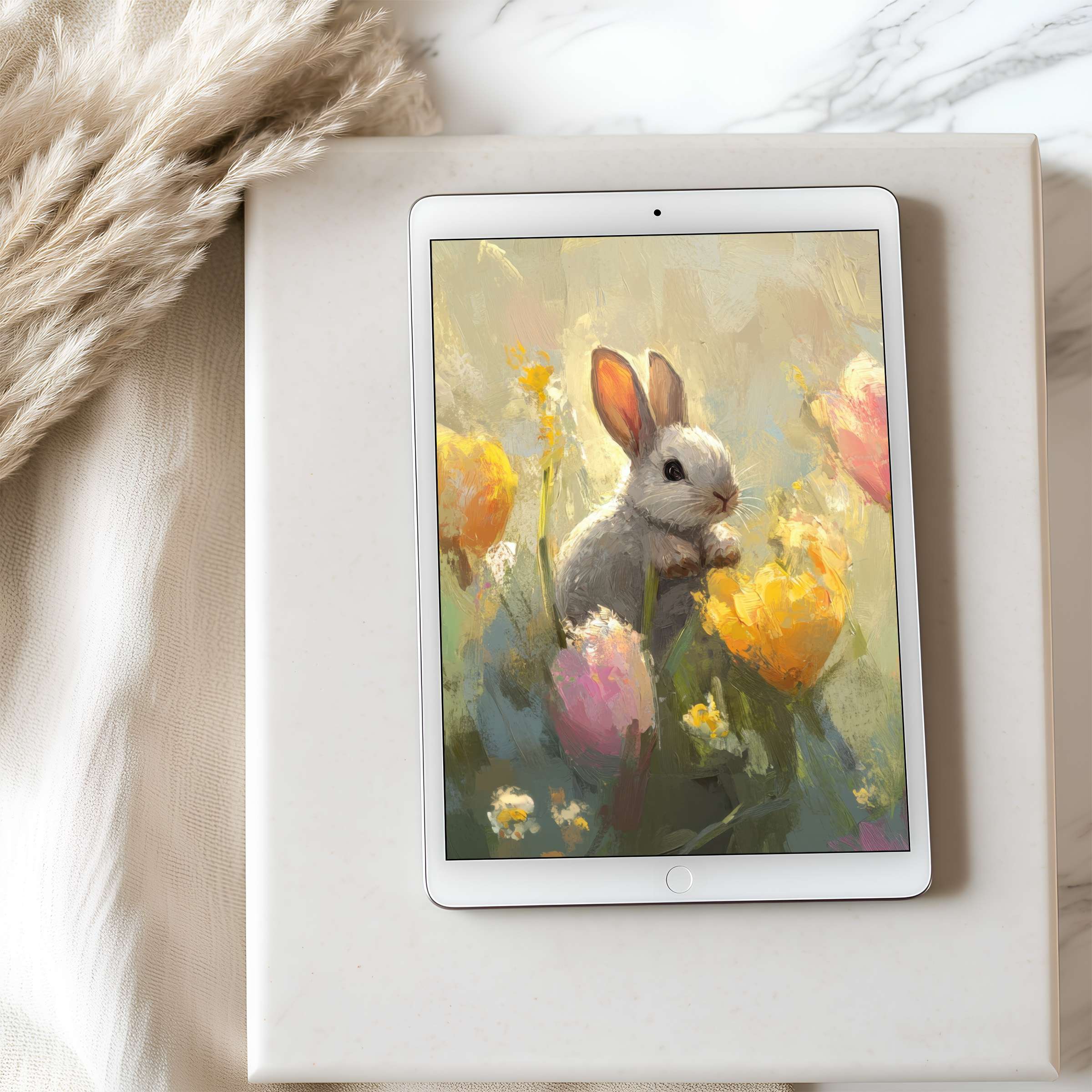 Elegant bunny in vibrant floral field tablet wallpaper, perfect for iPad or Android, blending calm design and digital sustainability