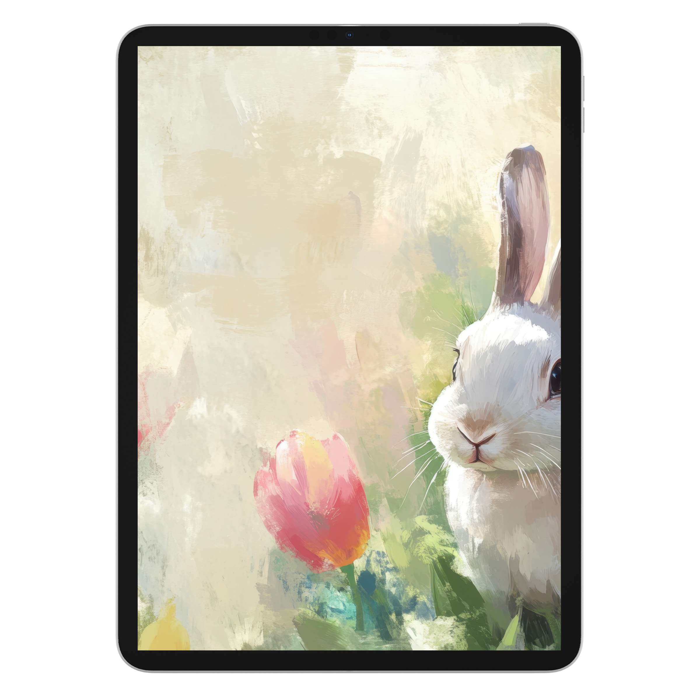 Charming Easter iPad wallpaper featuring a serene rabbit and tulip in pastel hues, perfect digital download for tablet background bliss