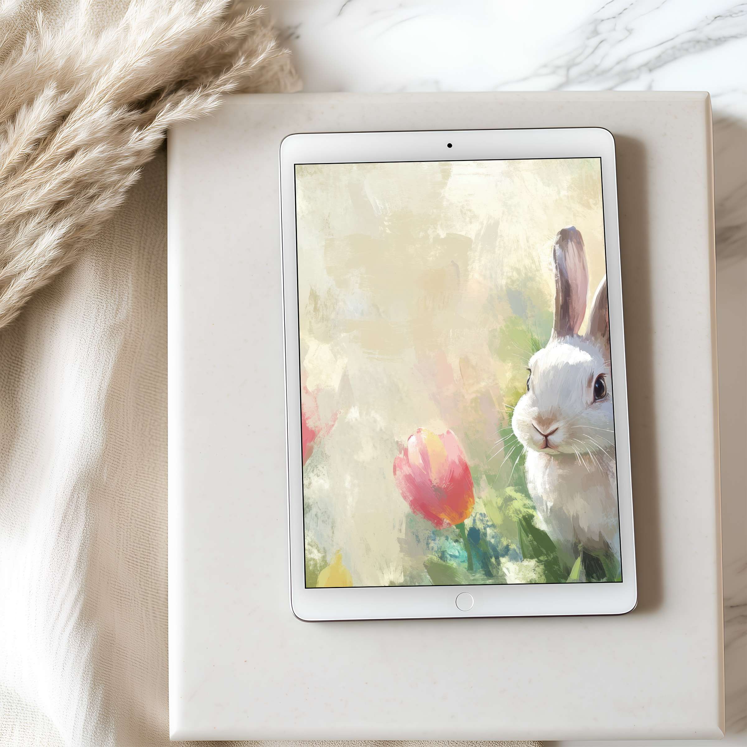 Elegant rabbit and tulip digital painting graces a tablet wallpaper in high resolution perfect for iPad or Android download