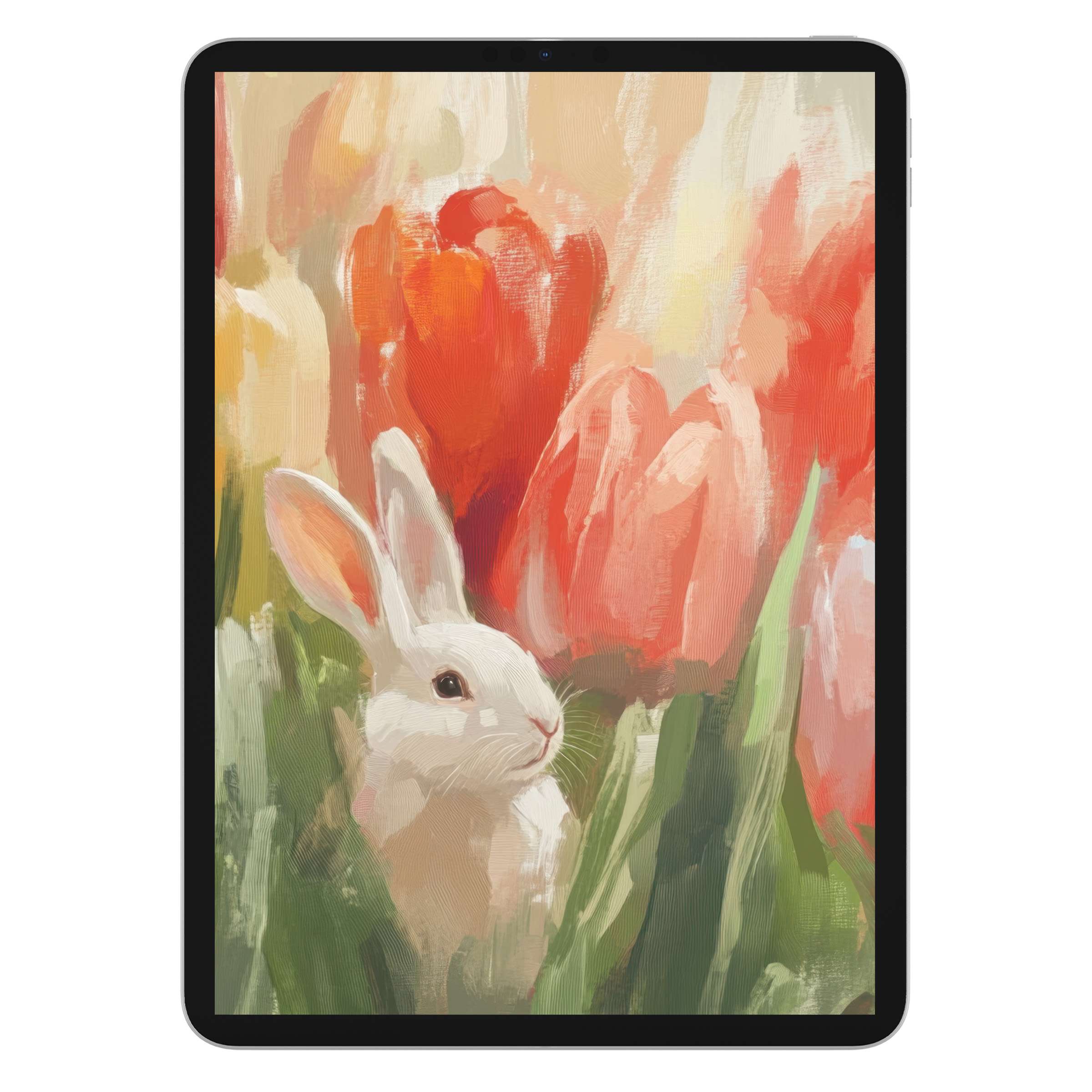 Serene digital download of Easter iPad wallpaper featuring a gentle rabbit amid vibrant tulips ideal as tablet background art