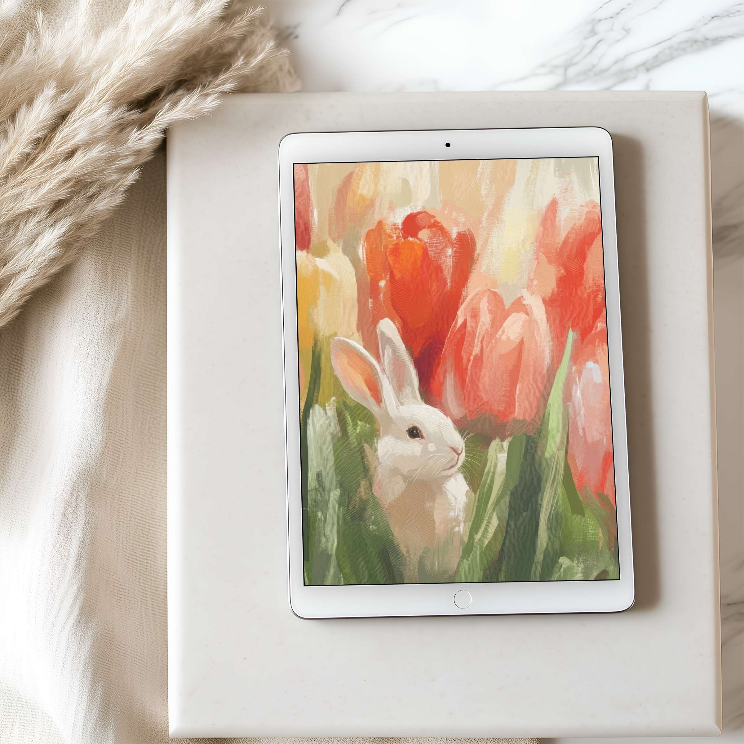 Elegant tablet wallpaper featuring a serene rabbit among vibrant tulips, perfect for high resolution iPad and Android devices, inspiring calm