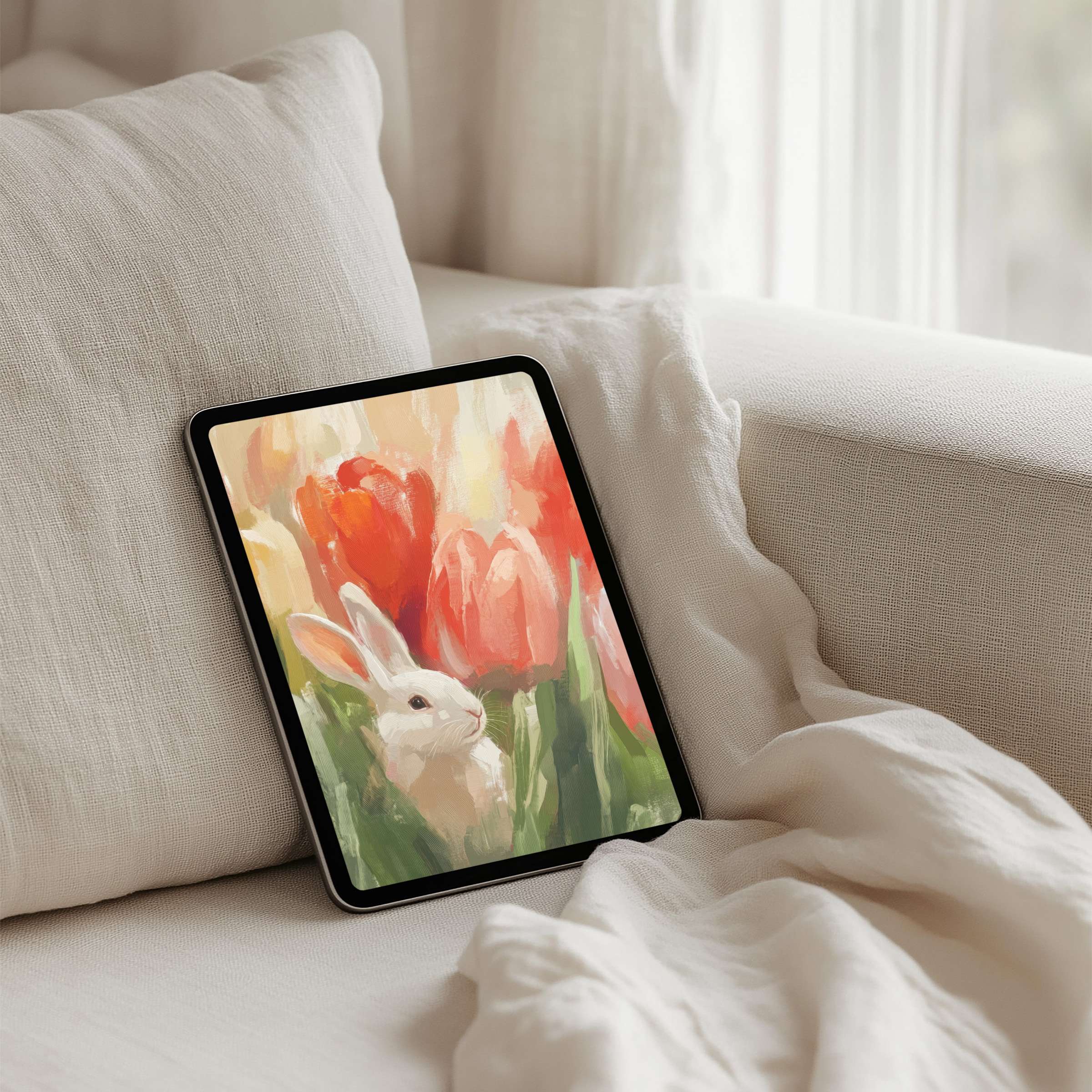 Elegant watercolor tulips and rabbit iPad background offers instant download, evoking calm and inspiration for tablet users
