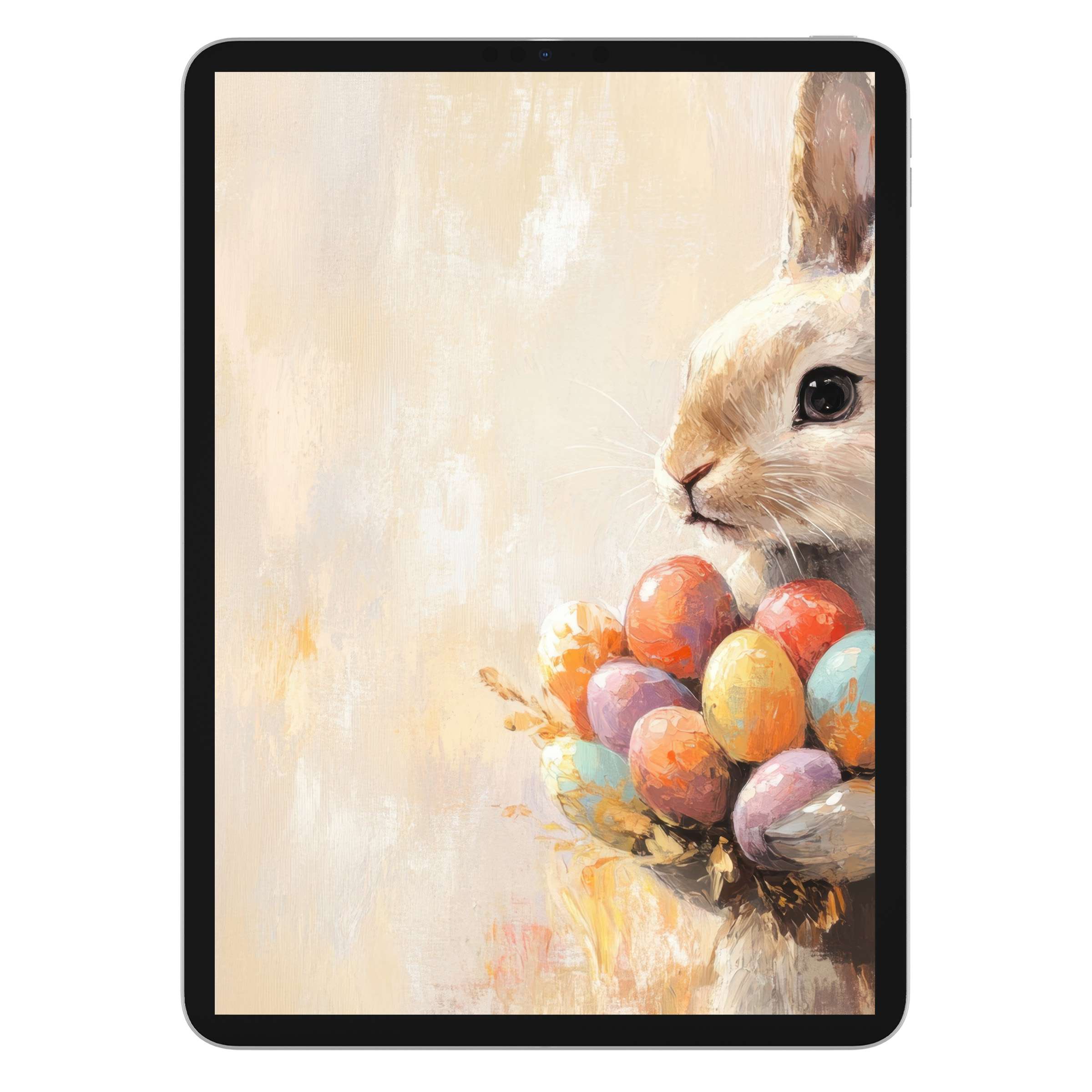 Easter iPad wallpaper featuring a serene rabbit with colorful eggs on an abstract background for digital download suitable for any tablet