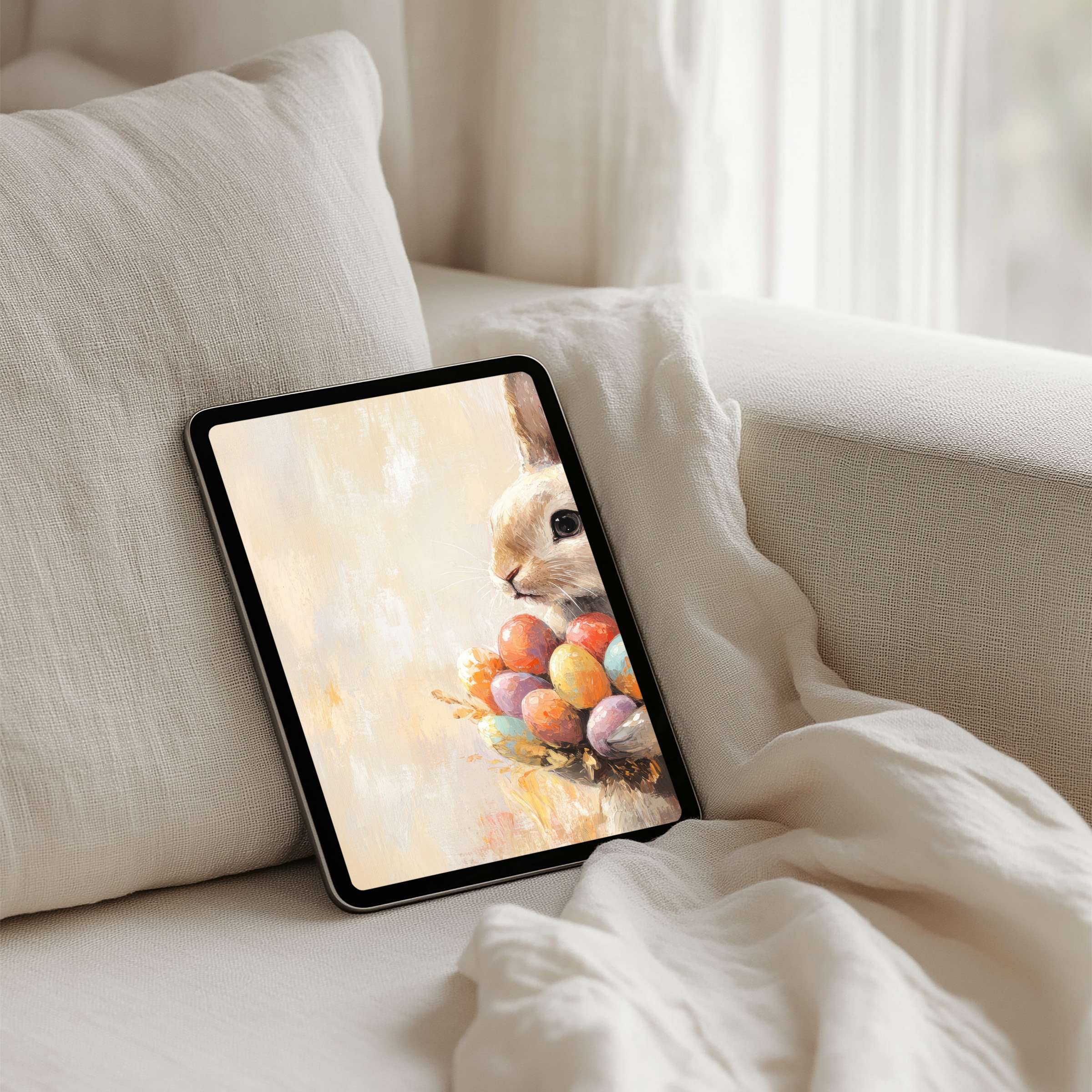 Elegant iPad background featuring a serene bunny with colorful eggs offering instant download for tablet users seeking calm inspiration