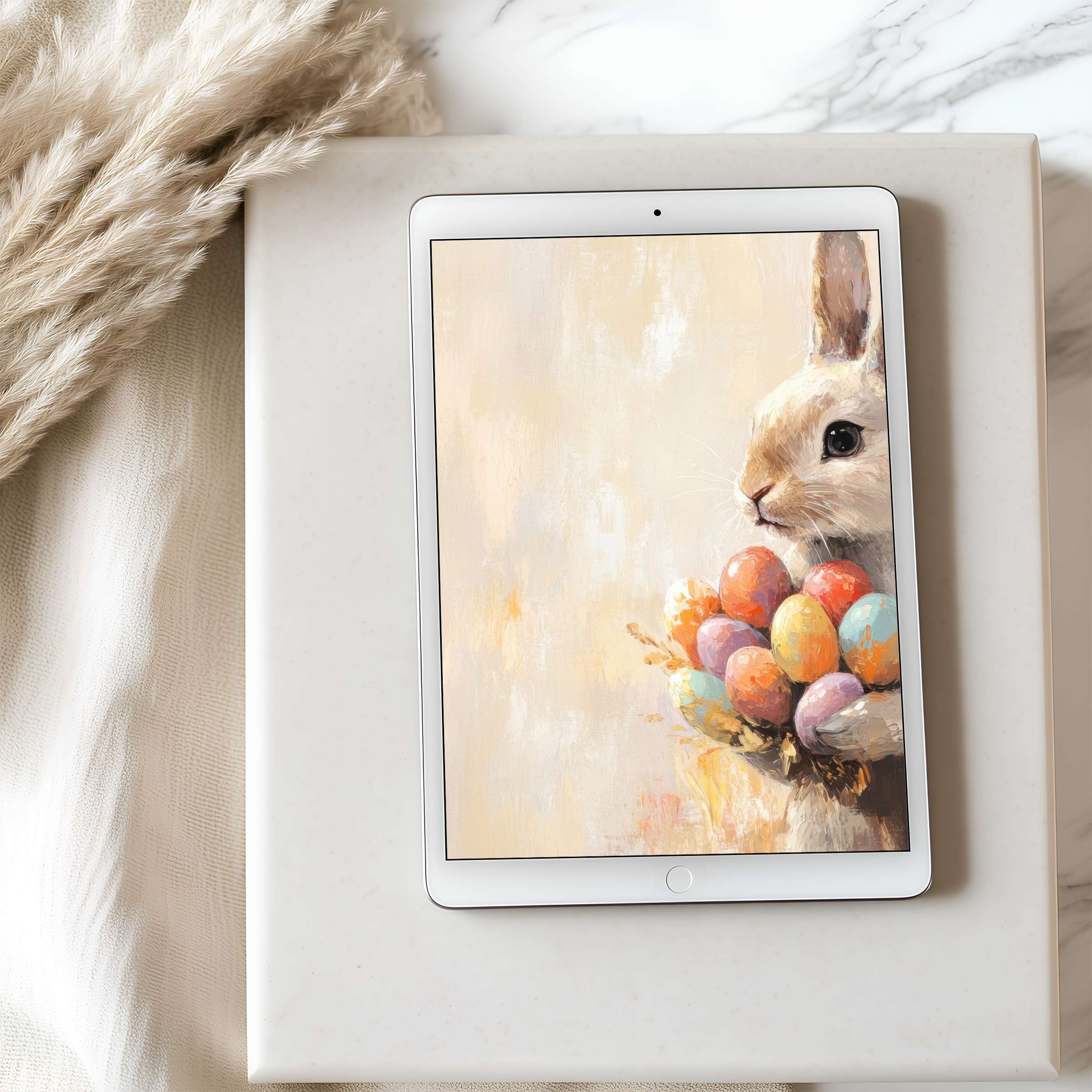 Charming rabbit holding colorful eggs in elegant tablet wallpaper for curated iPad or Android screens, digital download for tranquility