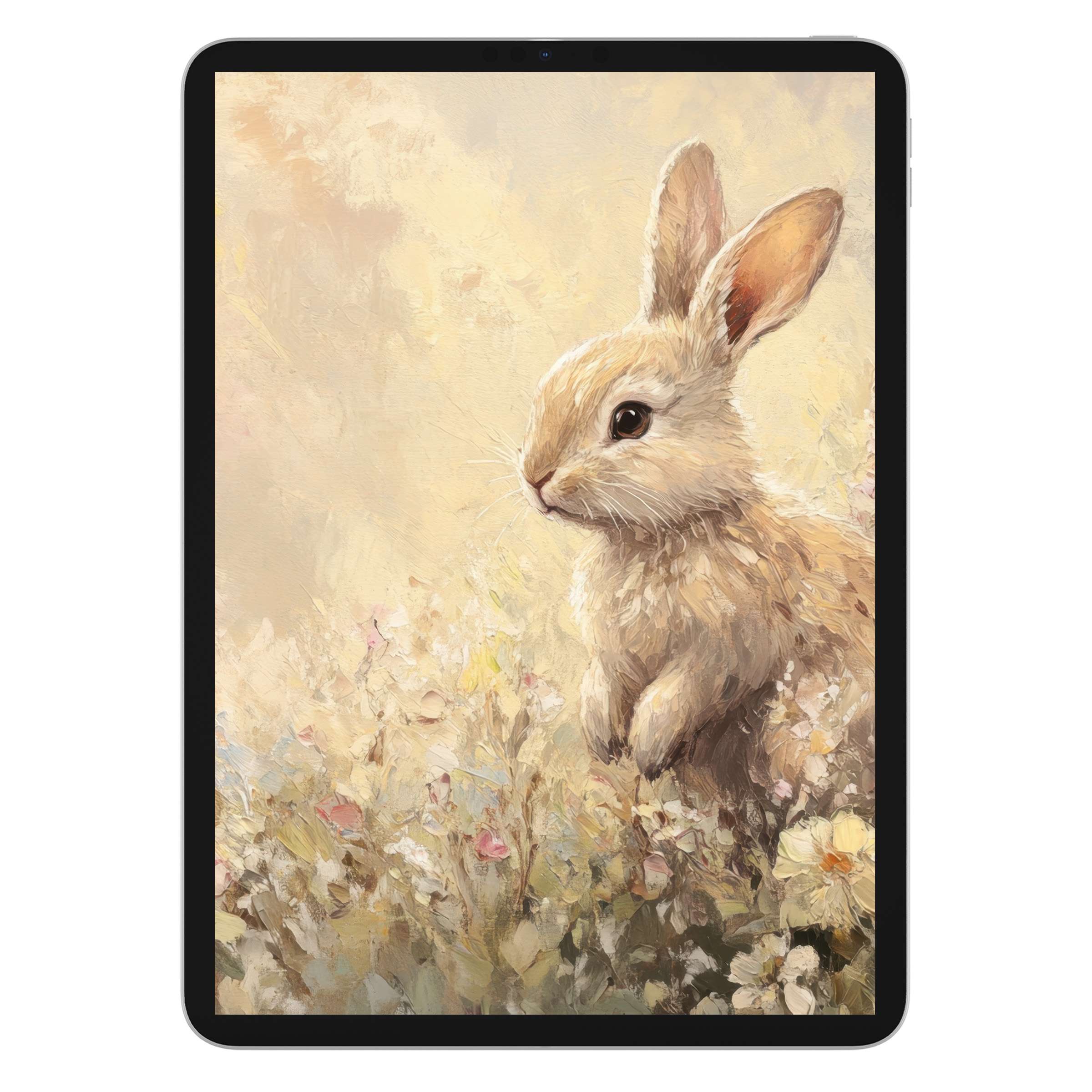 Elegant easter iPad wallpaper featuring a serene rabbit among pastel florals, perfect digital download for tablets and soothing background